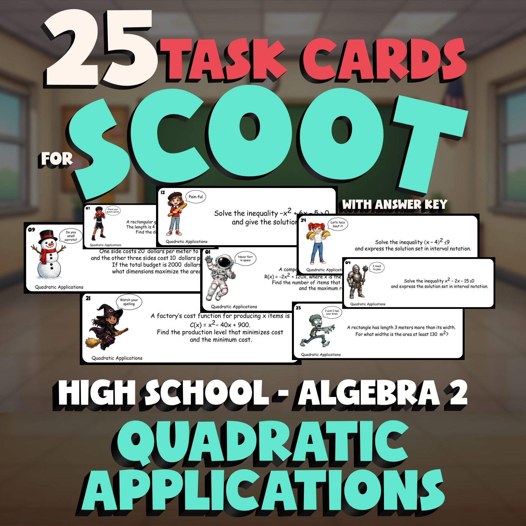 Quadratic Applications SCOOT TASK CARDS Math Game - No Prep Algebra 2 Review