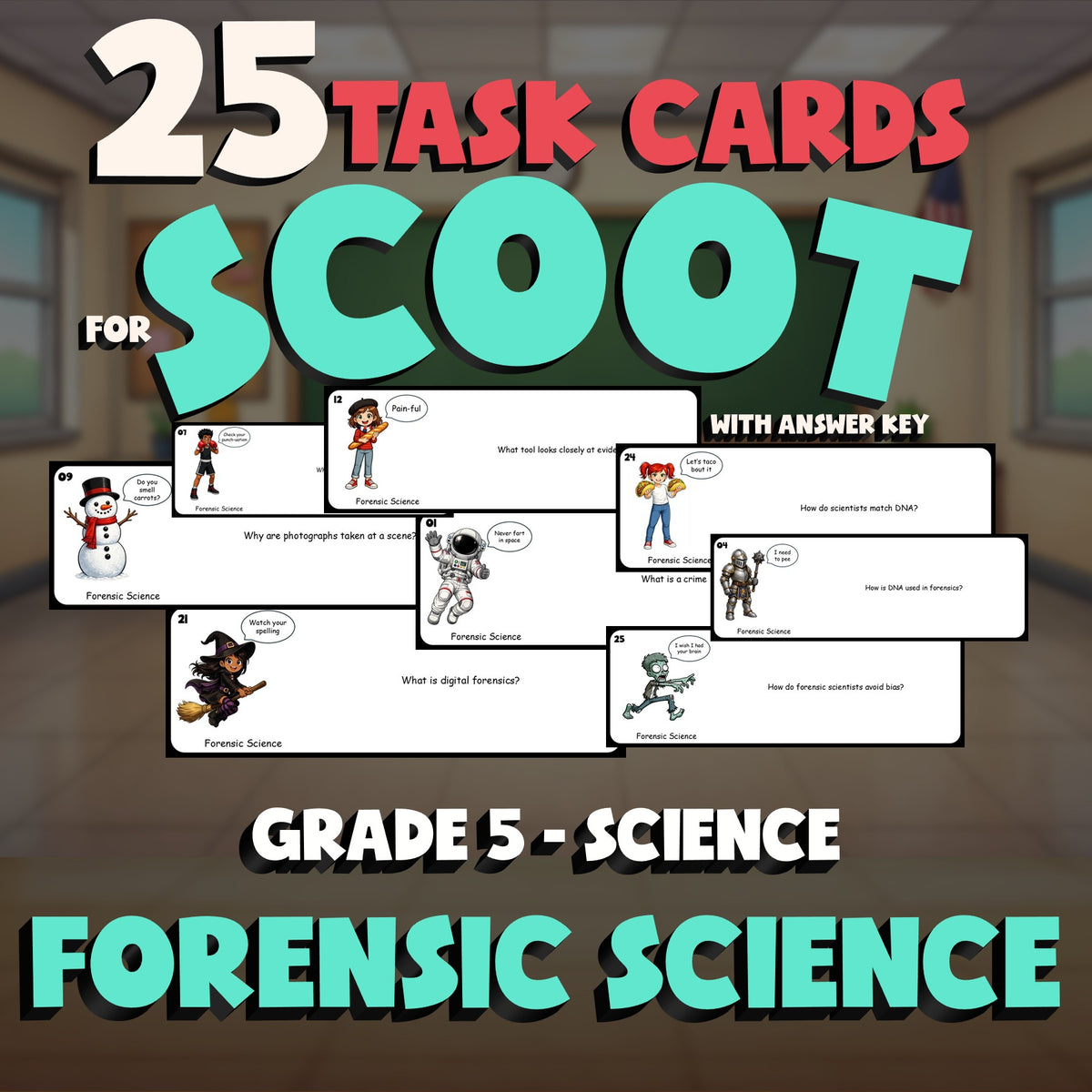 Forensic Science SCOOT TASK CARDS Science Game - No Prep Grade 5 Review Activity