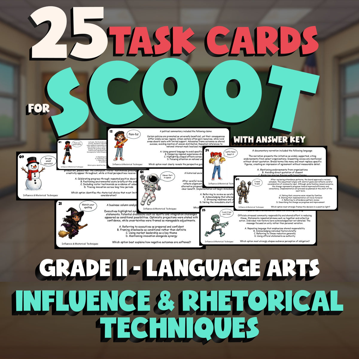 Influence & Rhetorical Techniques SCOOT TASK CARDS ELA Game - No Prep Grade 11