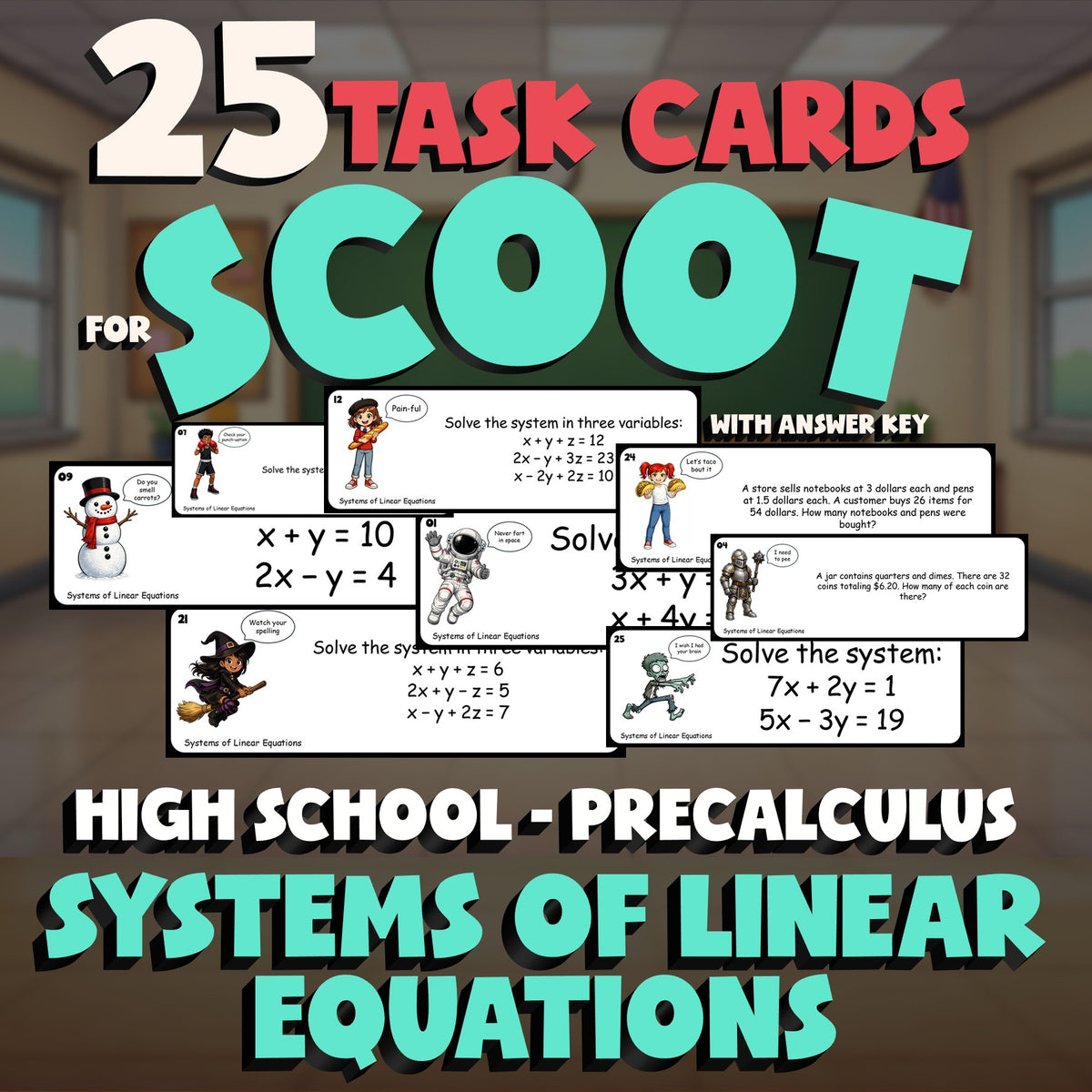 Systems of Linear Equations SCOOT TASK CARDS Math Game - No Prep PreCalculus