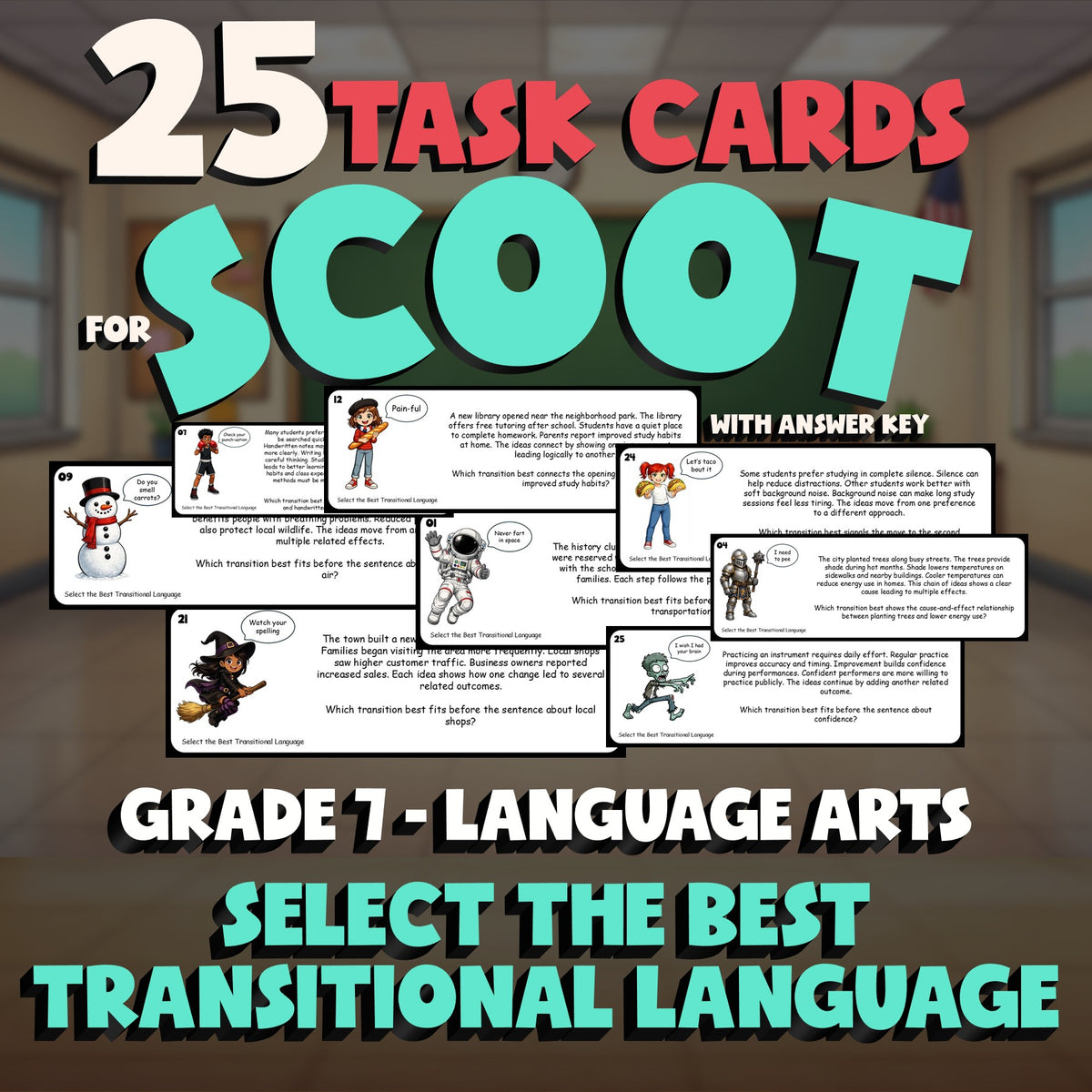 Select the Best Transitional Language SCOOT TASK CARDS ELA Game - Grade 7