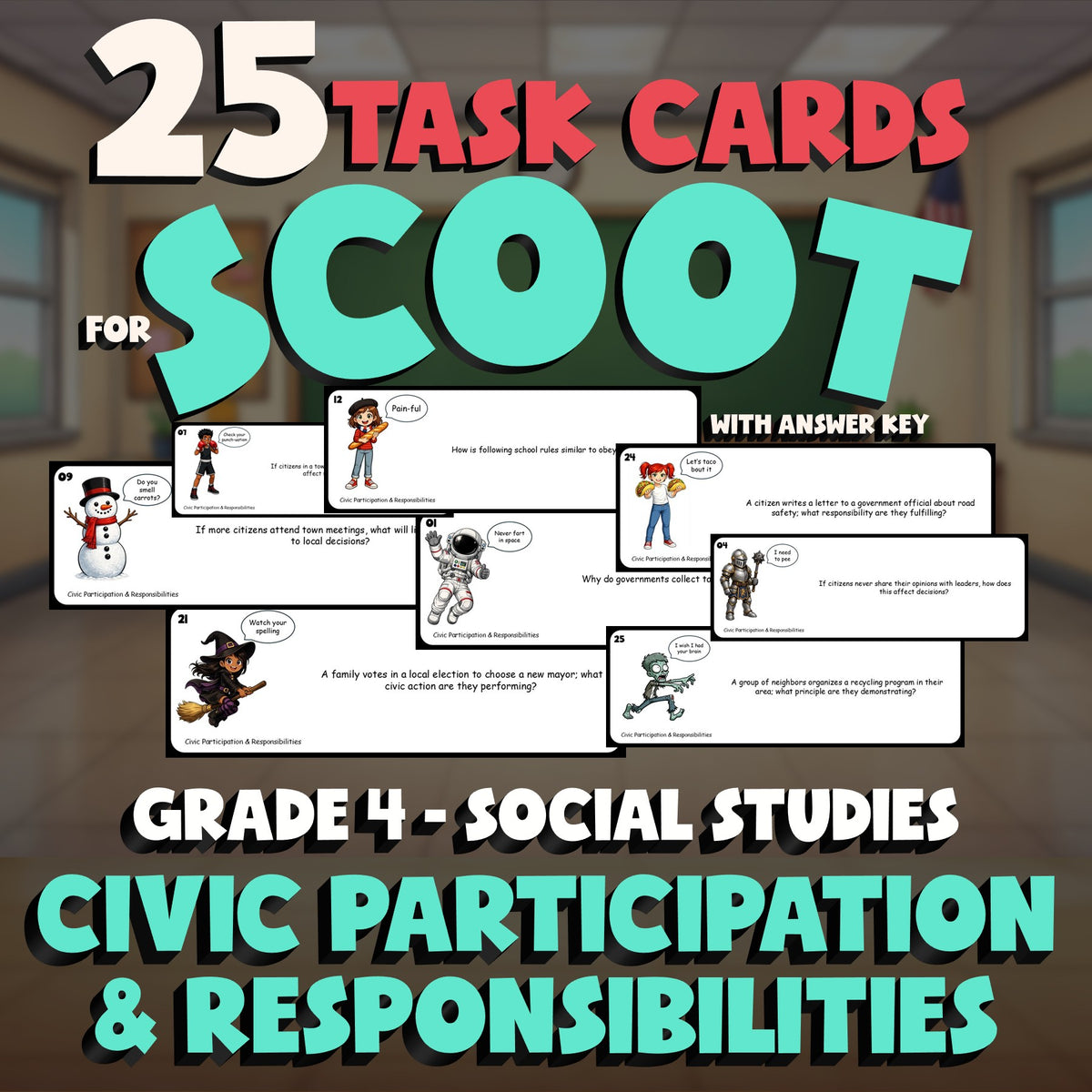 Civic Participation & Responsibilities SCOOT TASK CARDS Socials Game - Grade 4