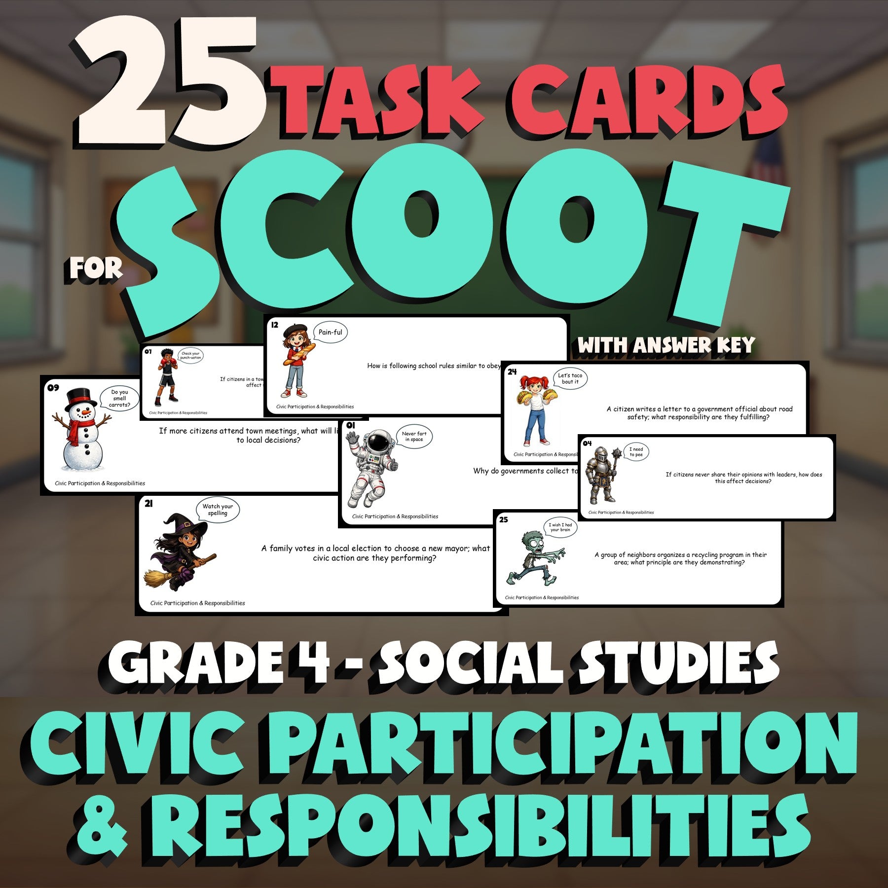 Civic Participation & Responsibilities SCOOT TASK CARDS Socials Game - Grade 4
