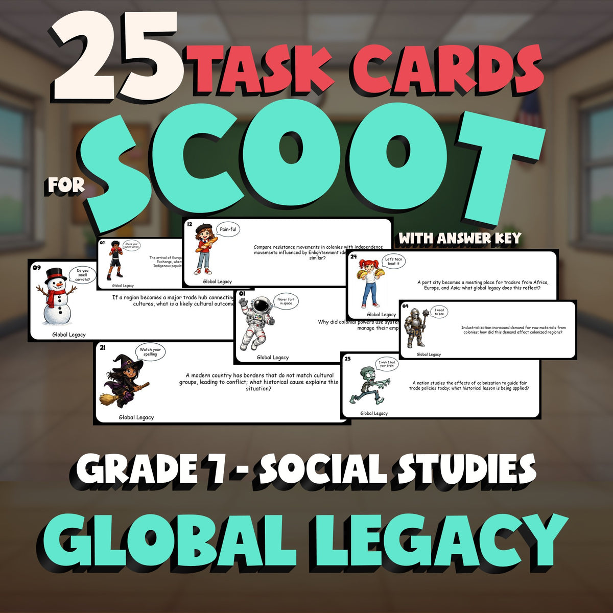 Global Legacy SCOOT TASK CARDS Socials Game - No Prep Grade 7 Review Activity