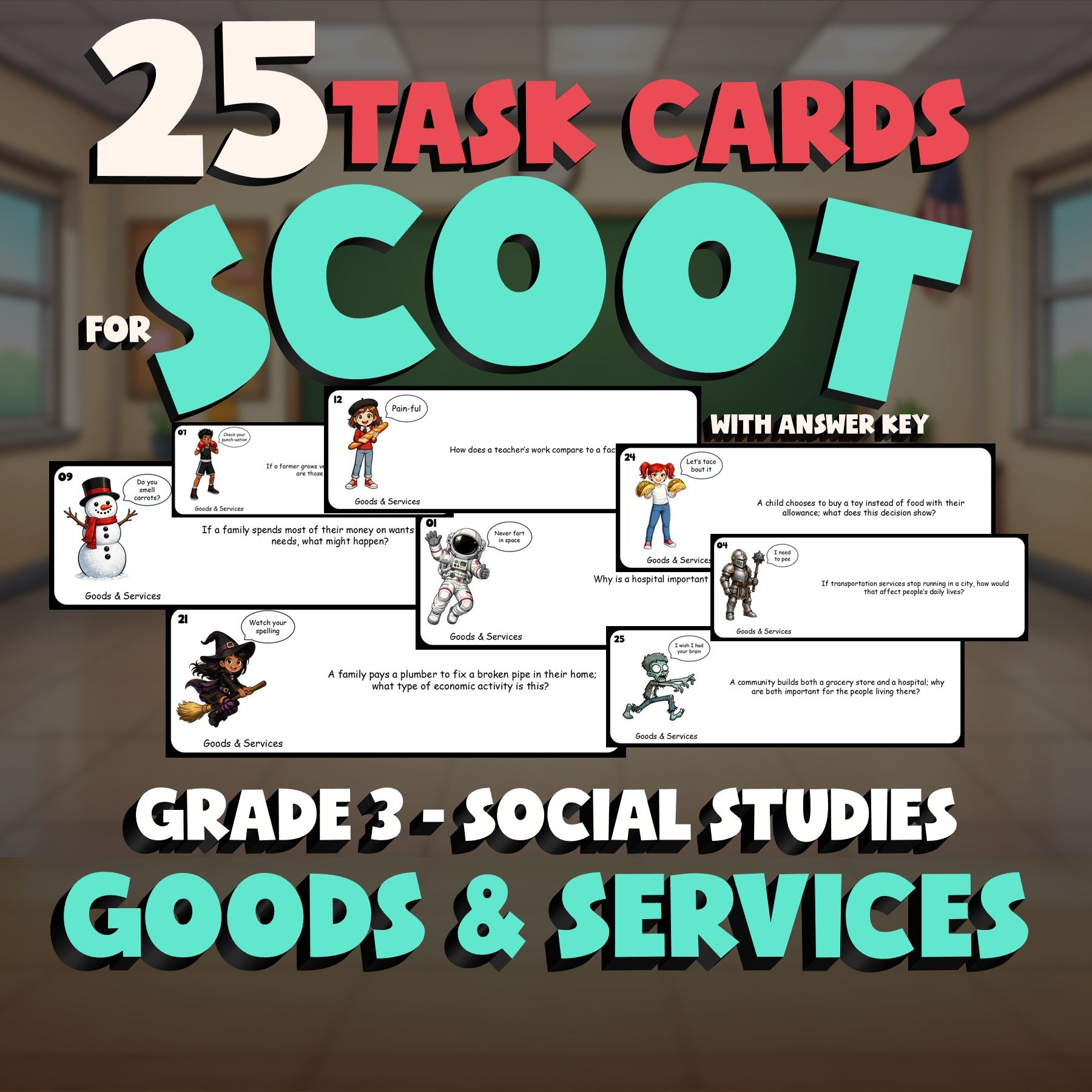Goods & Services SCOOT TASK CARDS Socials Game - No Prep Grade 3 Review Activity