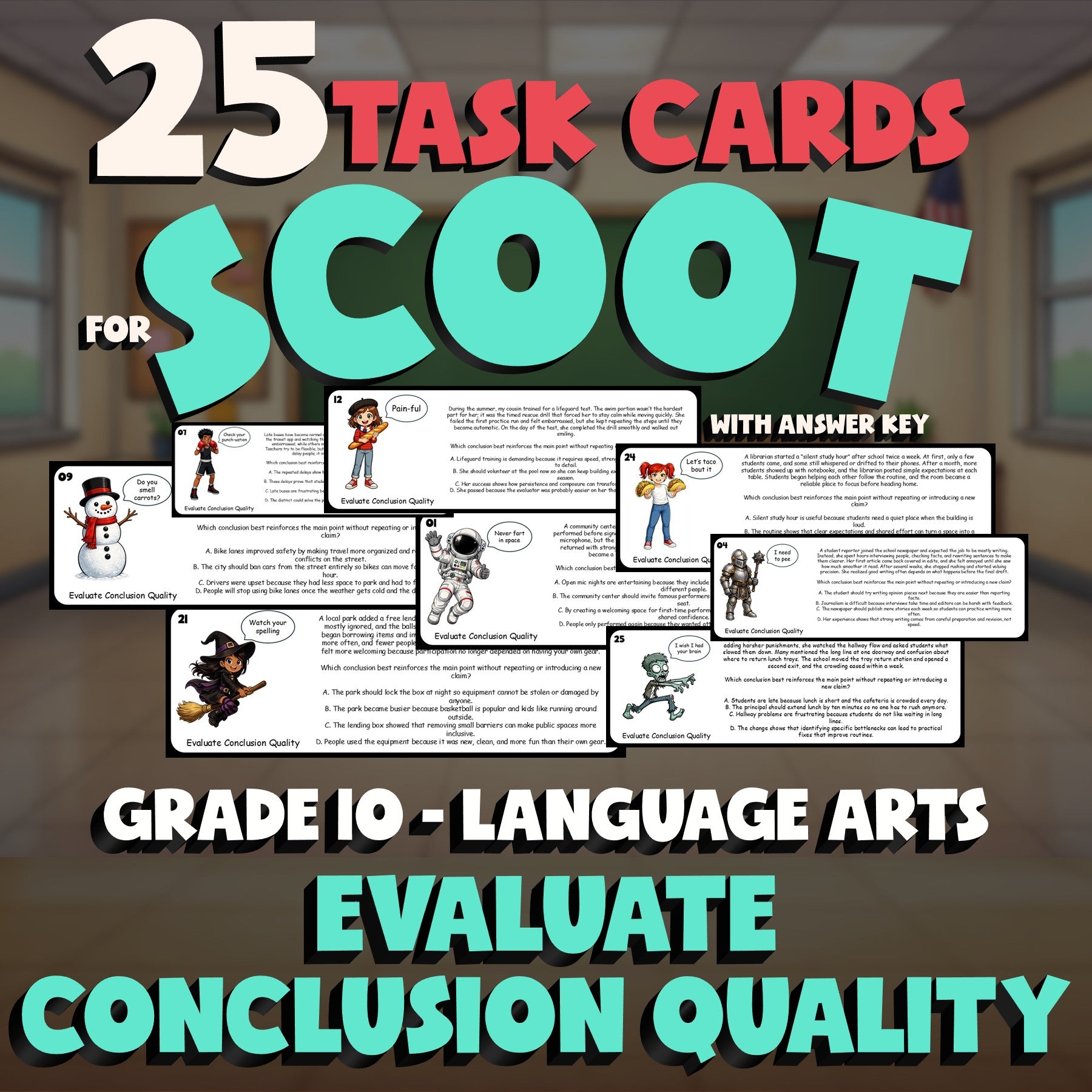 Evaluate Conclusion Quality SCOOT TASK CARDS ELA Game - No Prep Grade 10 Review
