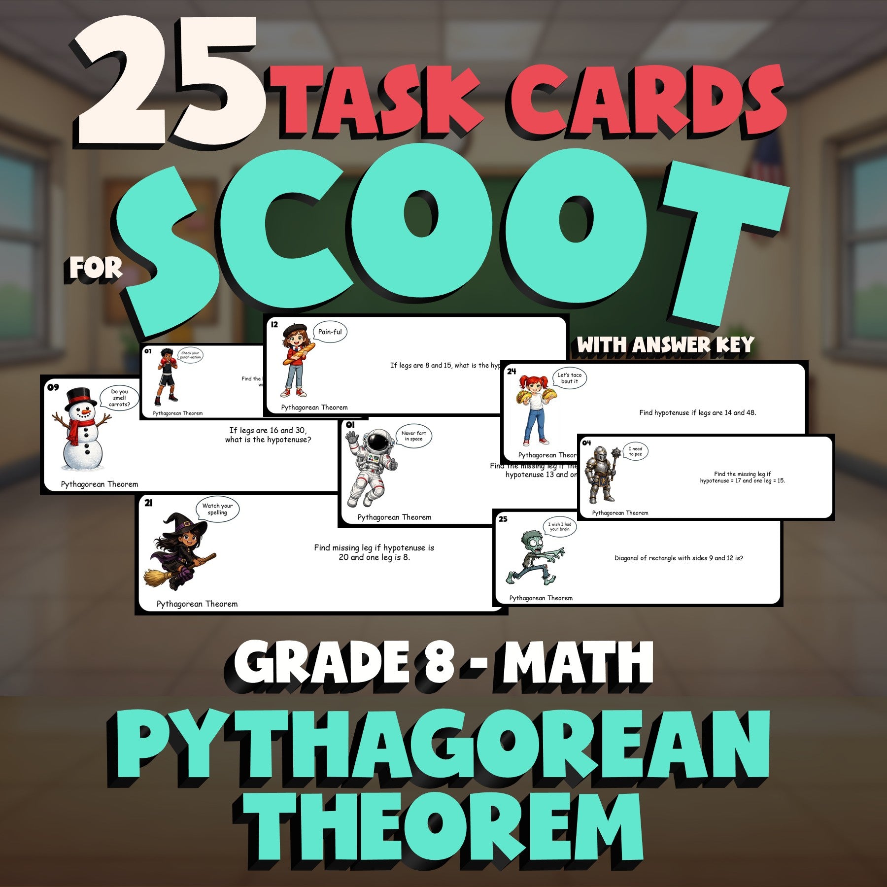 Pythagorean Theorem SCOOT TASK CARDS Math Game - No Prep Grade 8 Review Activity