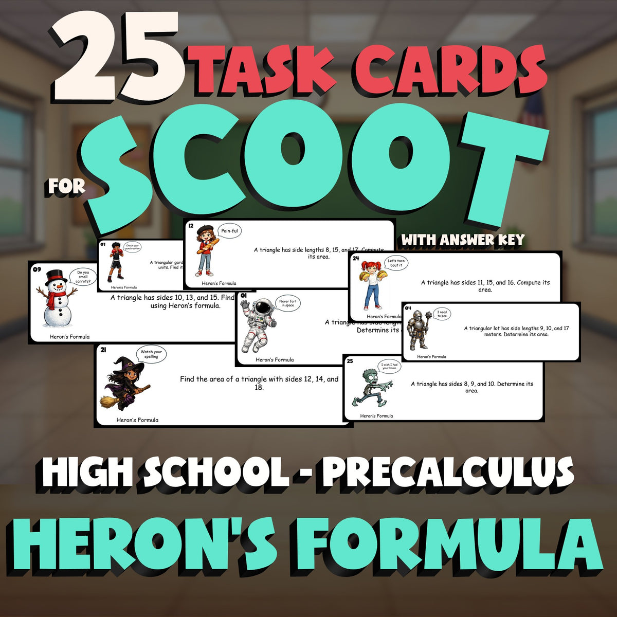 Heron’s Formula SCOOT TASK CARDS Math Game - No Prep PreCalculus Review Activity
