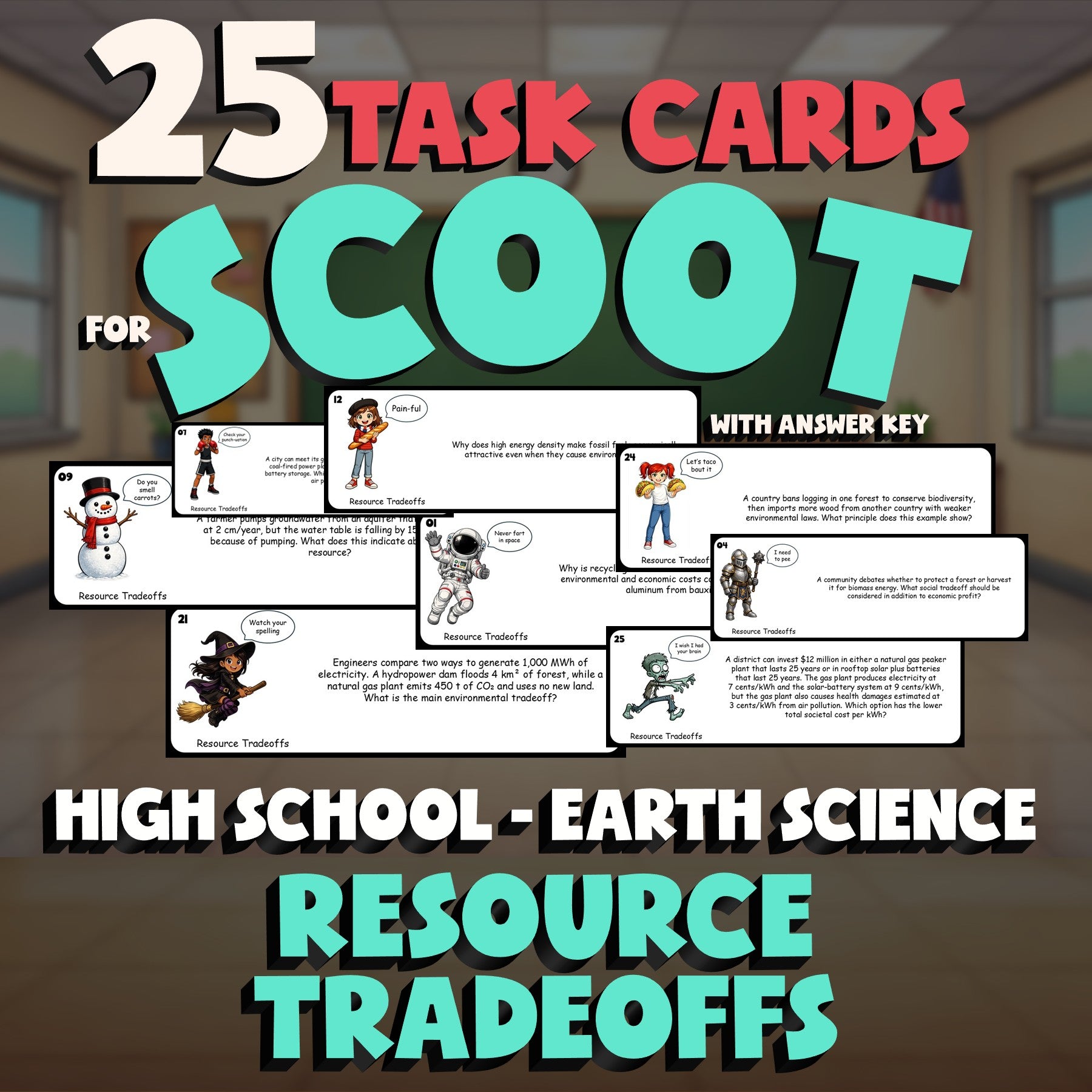 Resource Tradeoffs SCOOT TASK CARDS Game - No Prep Earth Science Review Activity