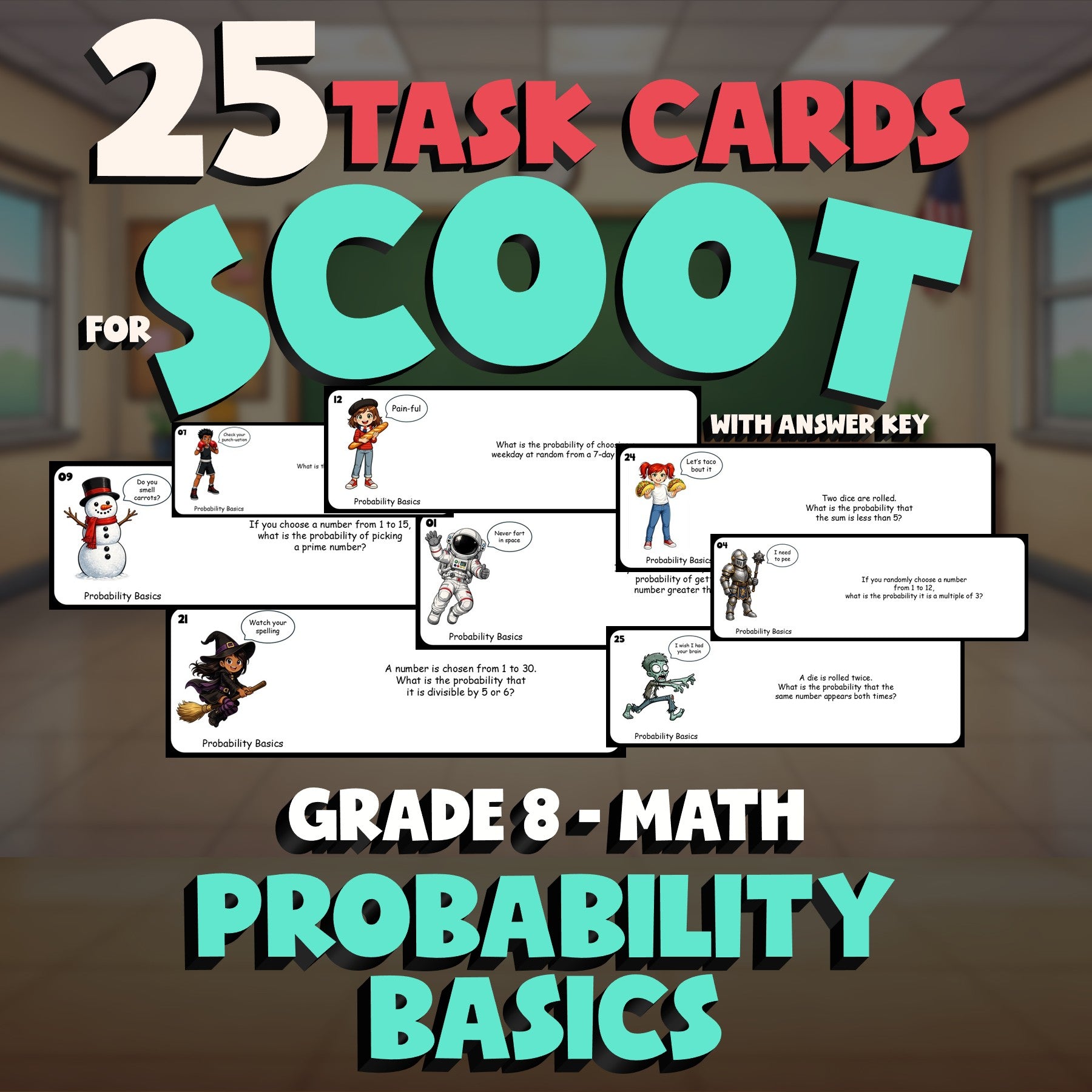 Probability Basics SCOOT TASK CARDS Math Game - No Prep Grade 8 Review Activity
