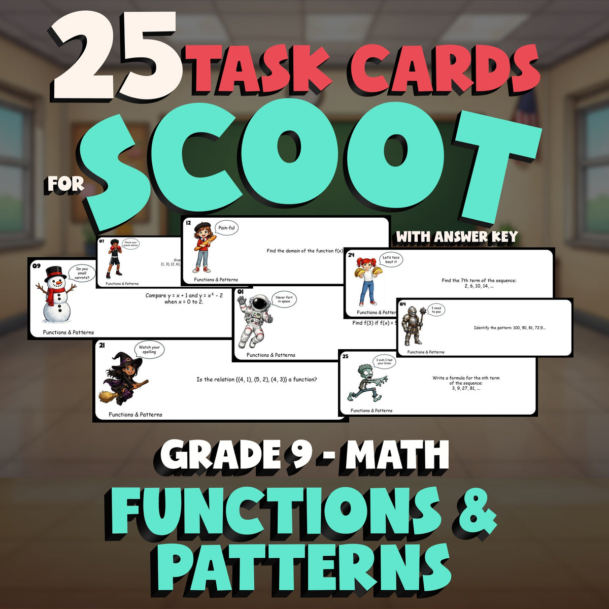 Functions & Patterns SCOOT TASK CARDS Math Game - No Prep Grade 9 Review