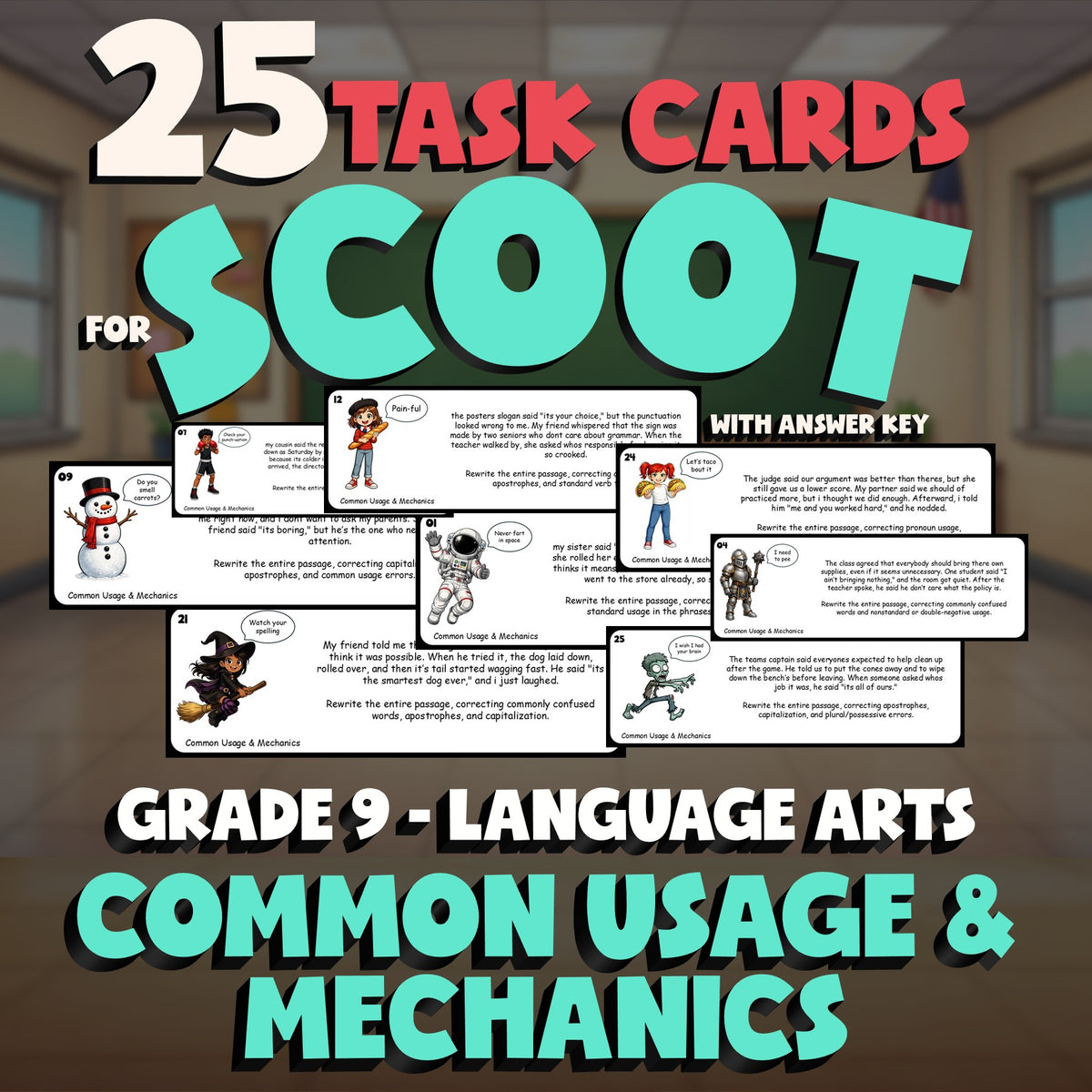 Common Usage & Mechanics SCOOT TASK CARDS ELA Game - No Prep Grade 9 Review