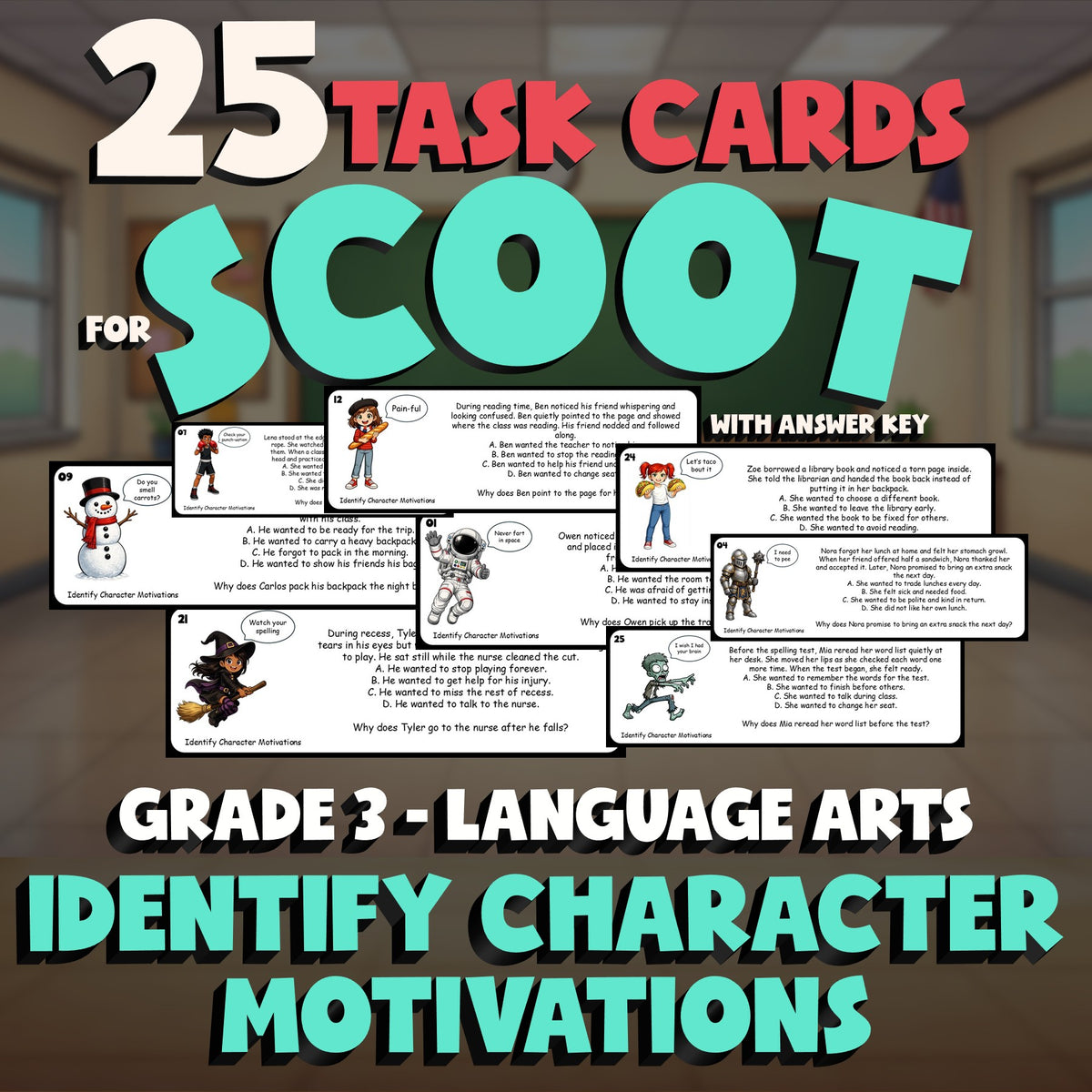 Identify Character Motivations SCOOT TASK CARDS ELA Game - No Prep Grade 3