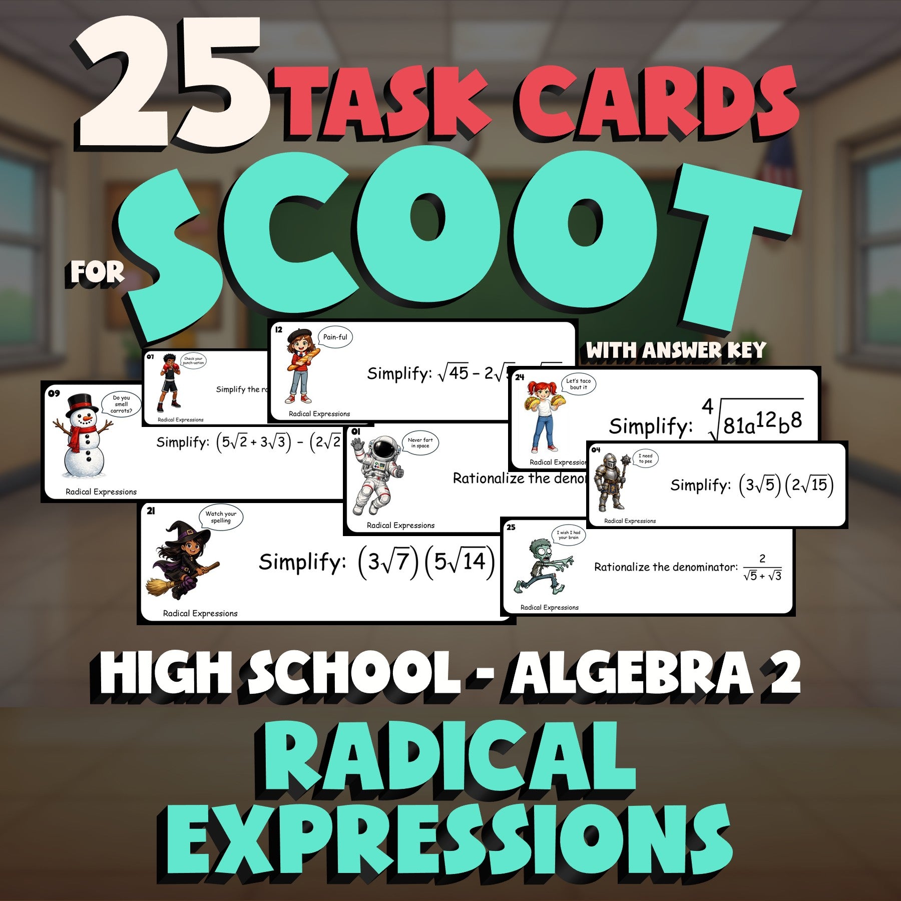 Radical Expressions SCOOT TASK CARDS Math Game - No Prep Algebra 2 Review