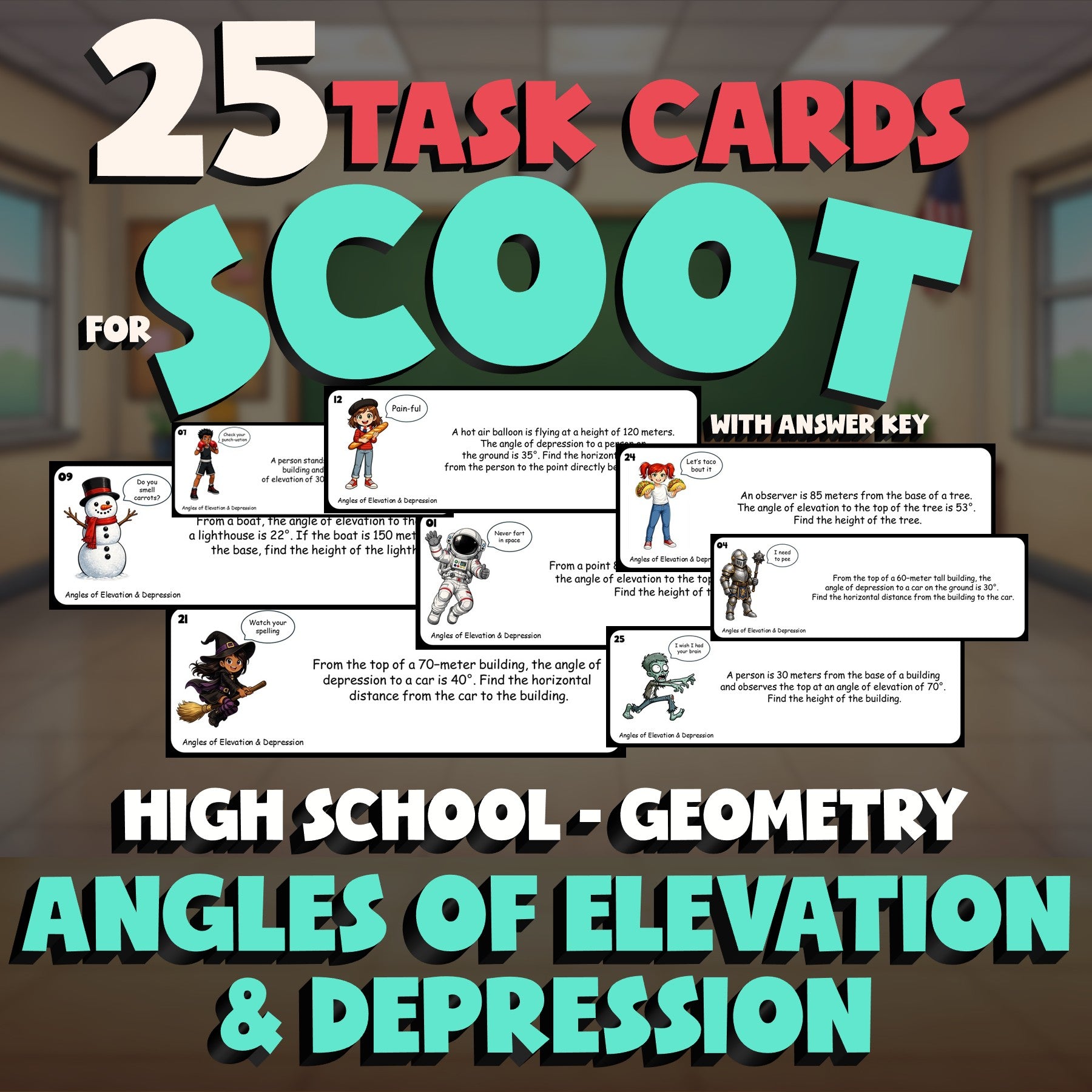 Angles of Elevation & Depression SCOOT TASK CARDS Math Game - No Prep Geometry