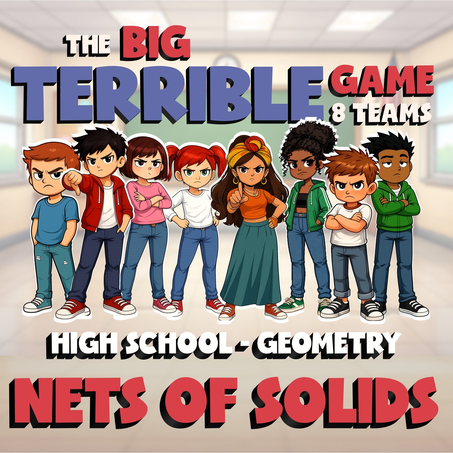 Nets of Solids BIG TERRIBLE GAME - No Prep Geometry Math Review Activity