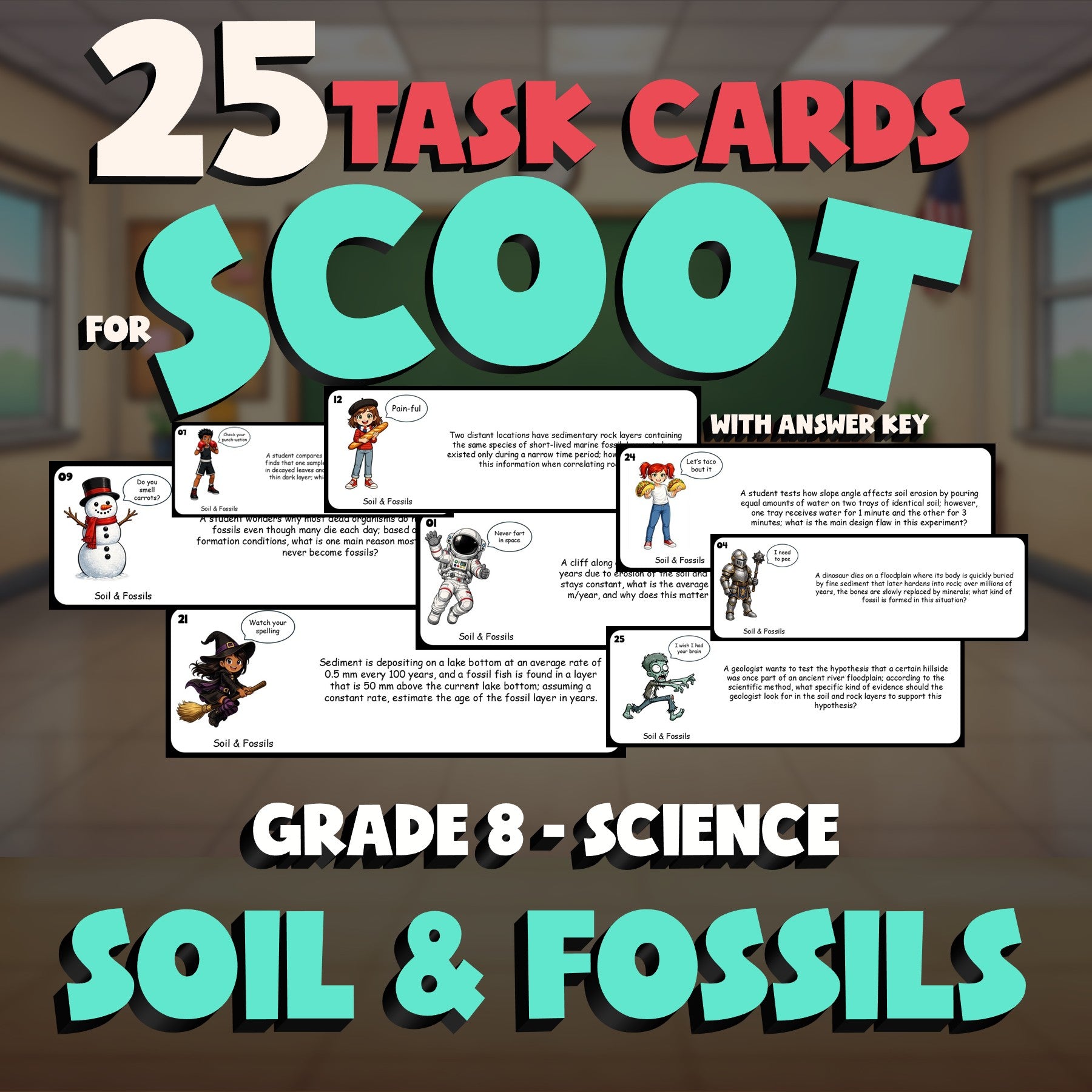 Soil & Fossils SCOOT TASK CARDS Science Game - No Prep Grade 8 Review Activity