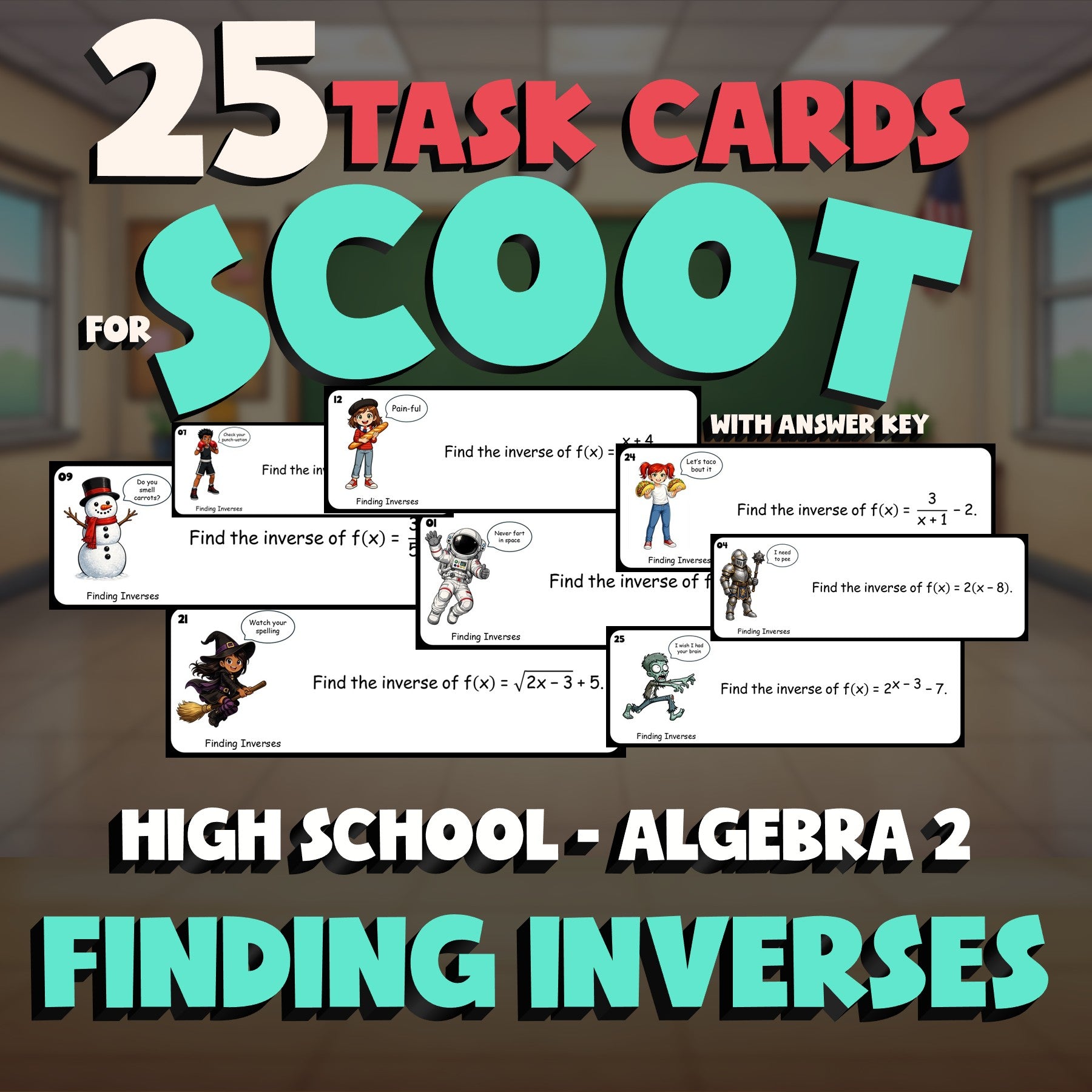 Finding Inverses SCOOT TASK CARDS Math Game - No Prep Algebra 2 Review Activity