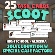 Solve Equation w Special Case Factors SCOOT TASK CARDS Math Game - Algebra 1