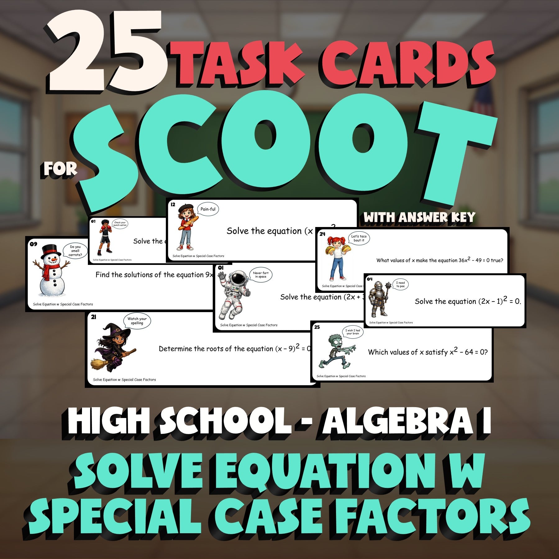 Solve Equation w Special Case Factors SCOOT TASK CARDS Math Game - Algebra 1