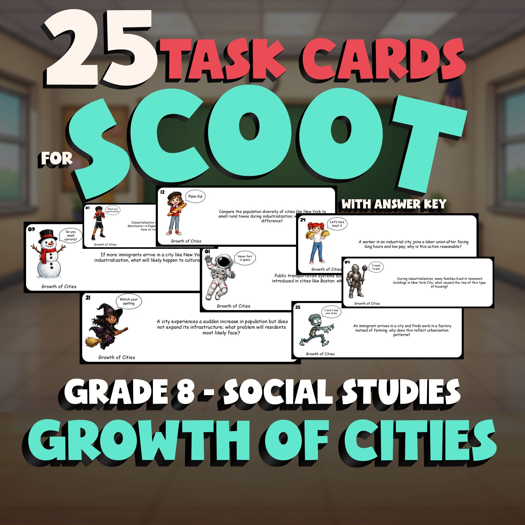 Growth of Cities SCOOT TASK CARDS Socials Game - No Prep Grade 8 Review Activity