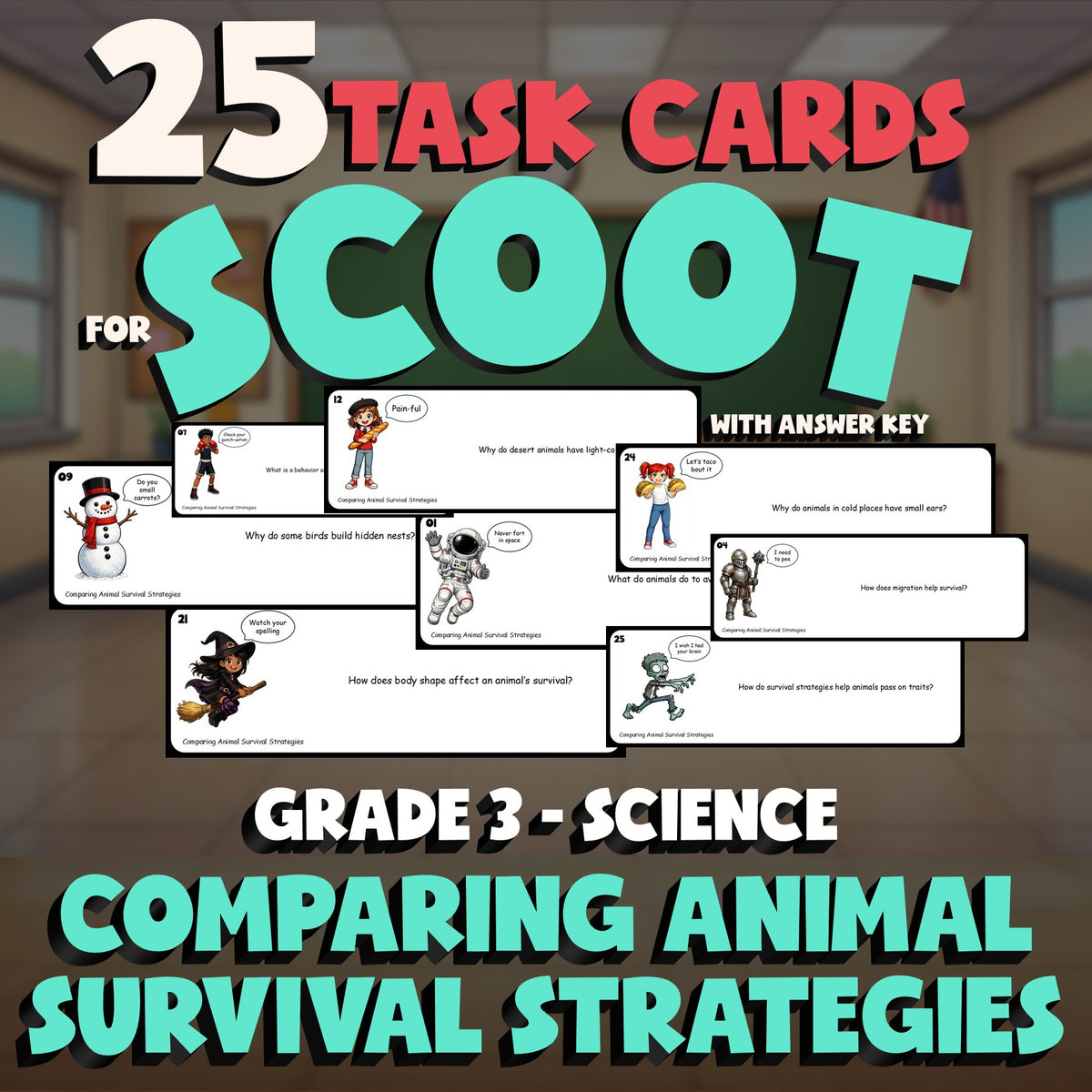 Comparing Animal Survival Strategies SCOOT TASK CARDS Science Game - Grade 3