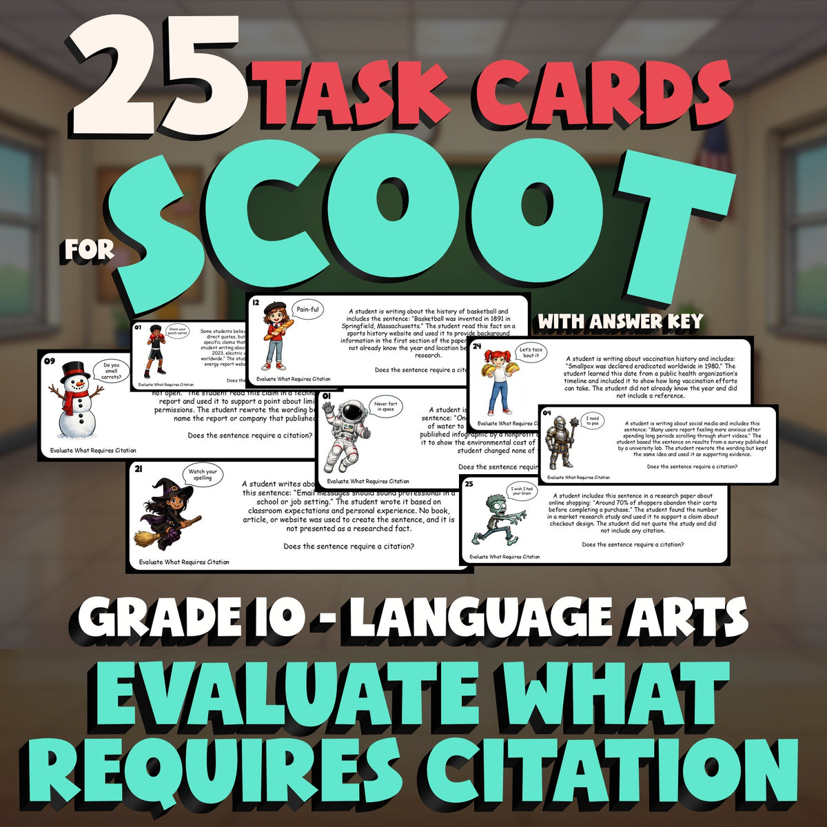 Evaluate What Requires Citation SCOOT TASK CARDS ELA Game - No Prep Grade 10