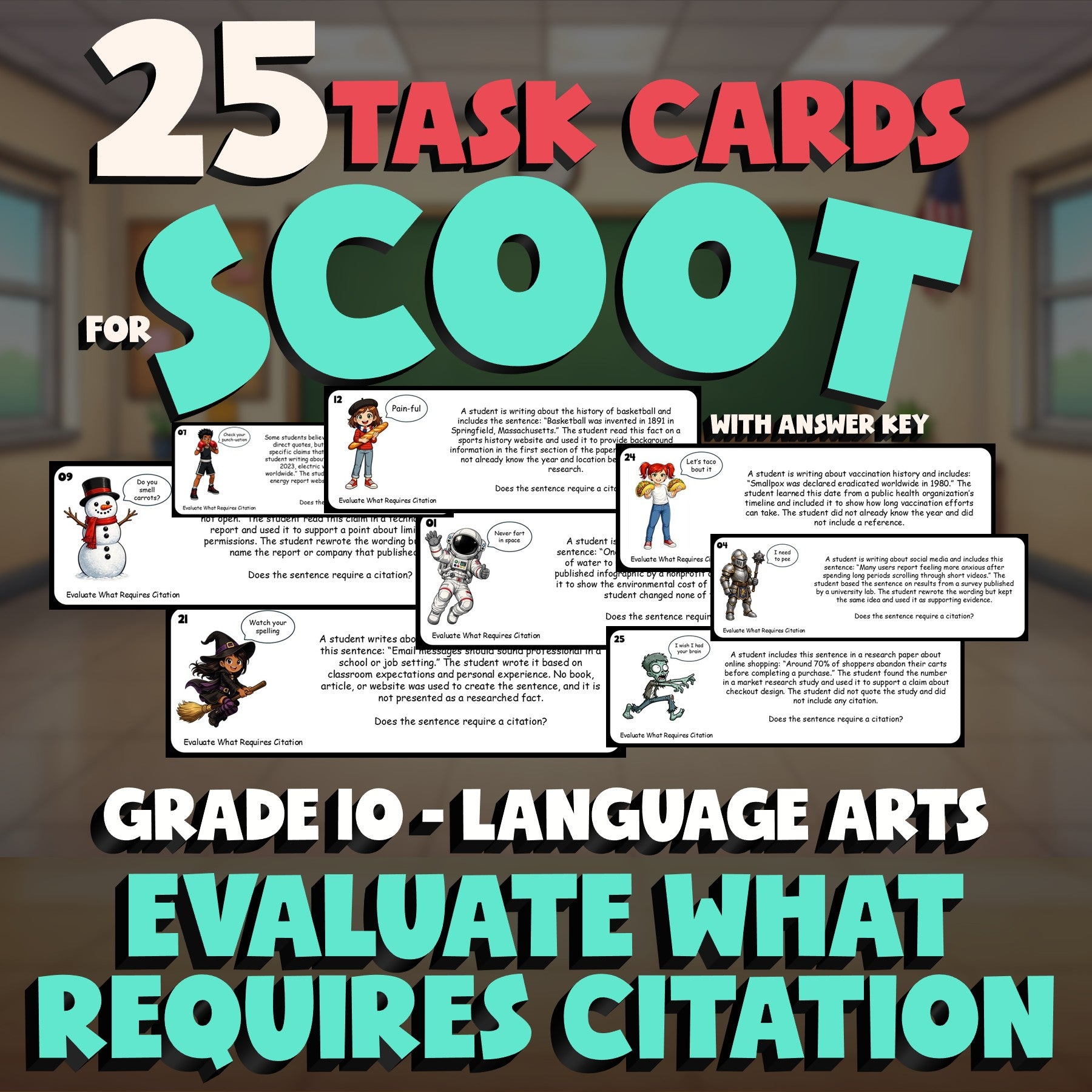 Evaluate What Requires Citation SCOOT TASK CARDS ELA Game - No Prep Grade 10