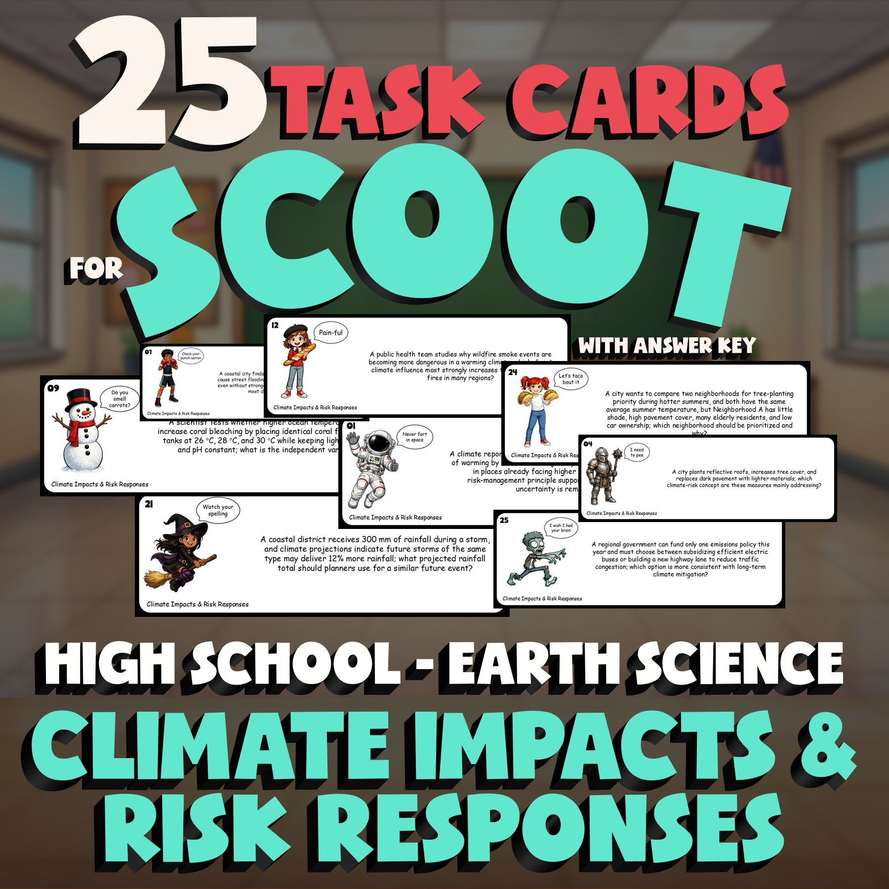 Climate Impacts & Risk Responses SCOOT TASK CARDS Game - No Prep Earth Science