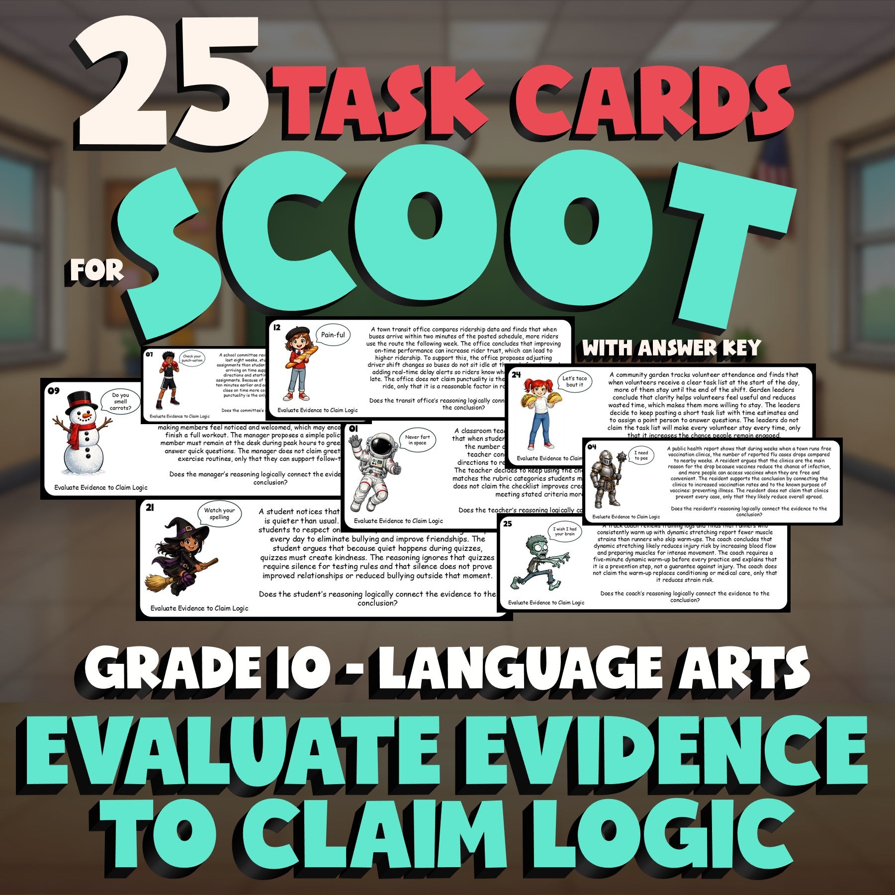Evaluate Evidence to Claim Logic SCOOT TASK CARDS ELA Game - No Prep Grade 10