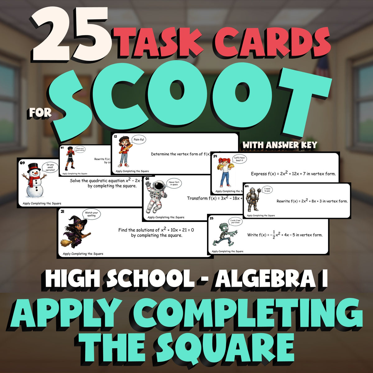 Apply Completing the Square SCOOT TASK CARDS Math Game - No Prep Algebra 1