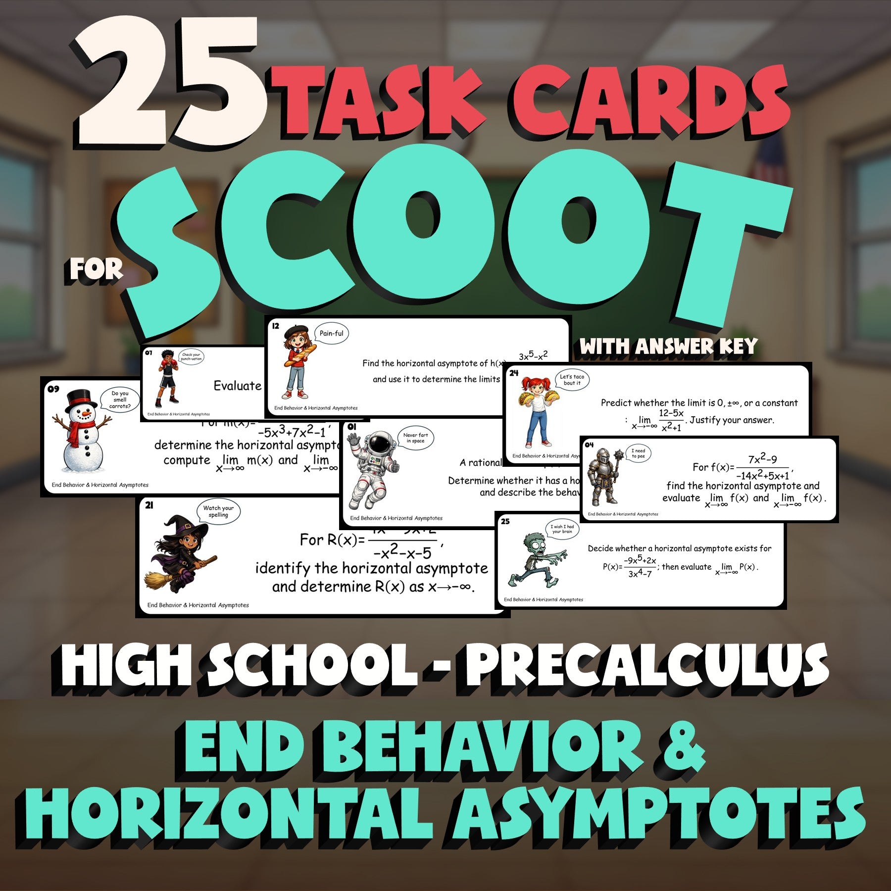End Behavior & Horizontal Asymptotes SCOOT TASK CARDS Math Game - PreCalculus