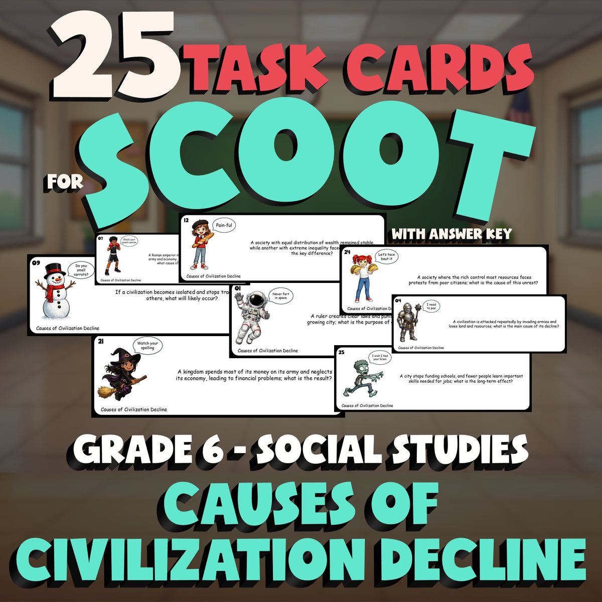 Causes of Civilization Decline SCOOT TASK CARDS Socials Game - No Prep Grade 6