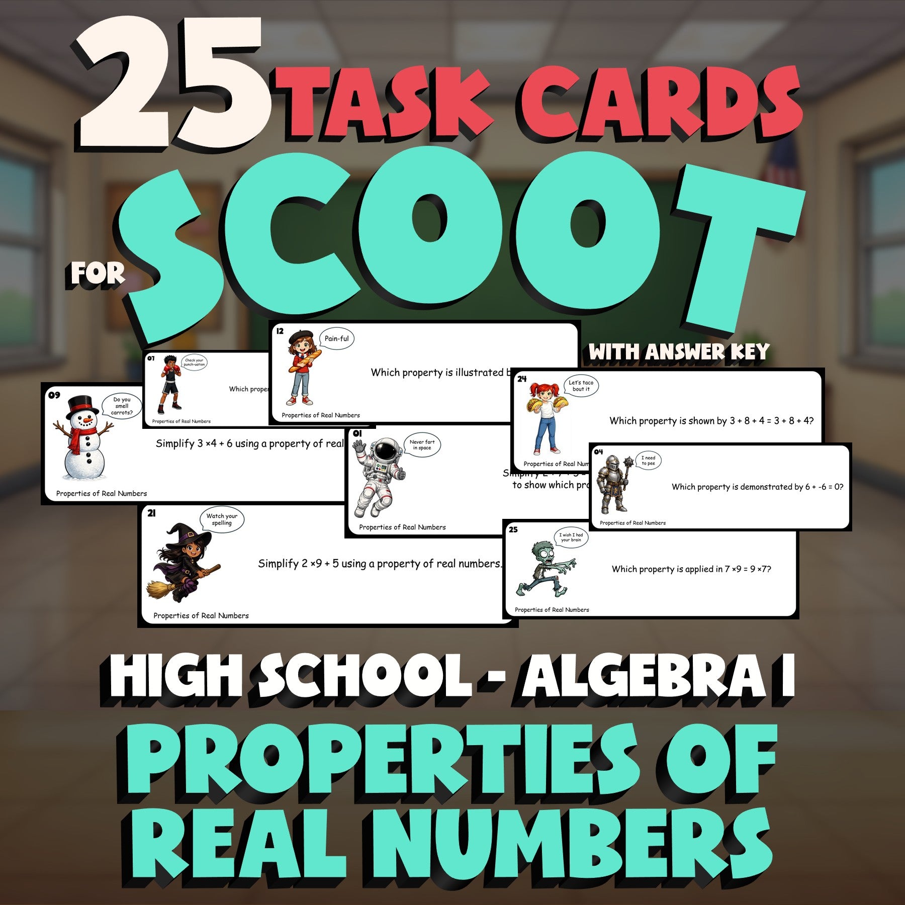Properties of Real Numbers SCOOT TASK CARDS Math Game - No Prep Algebra 1 Review