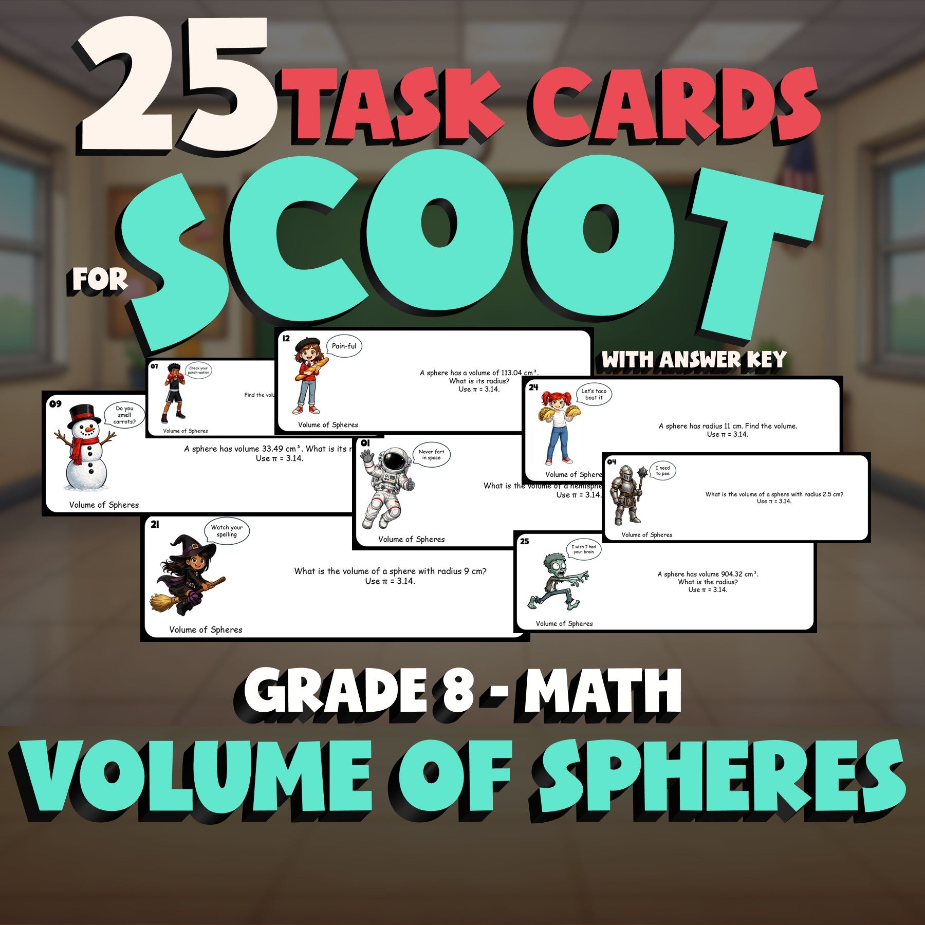 Volume of Spheres SCOOT TASK CARDS Math Game - No Prep Grade 8 Review Activity