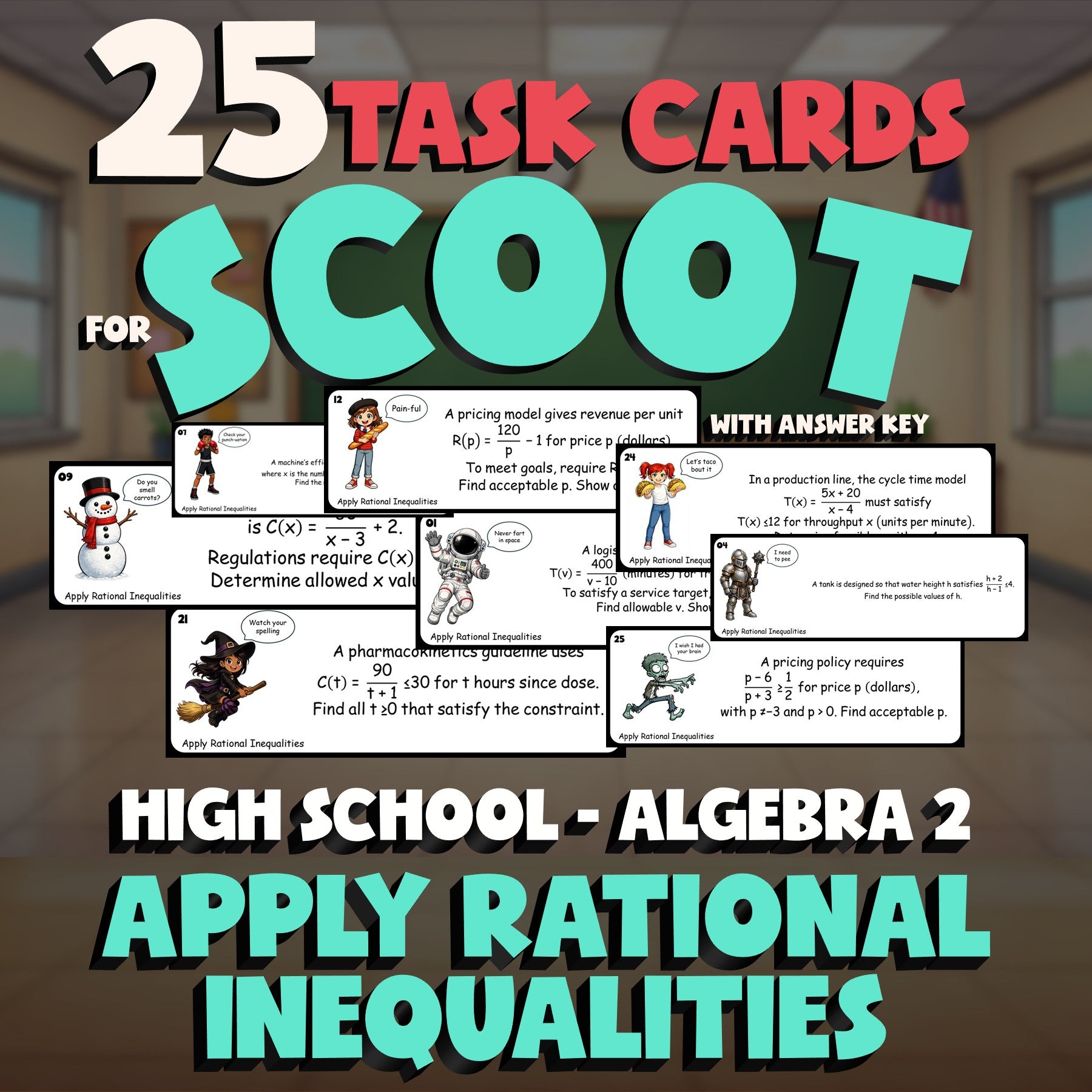 Apply Rational Inequalities SCOOT TASK CARDS Math Game - No Prep Algebra 2