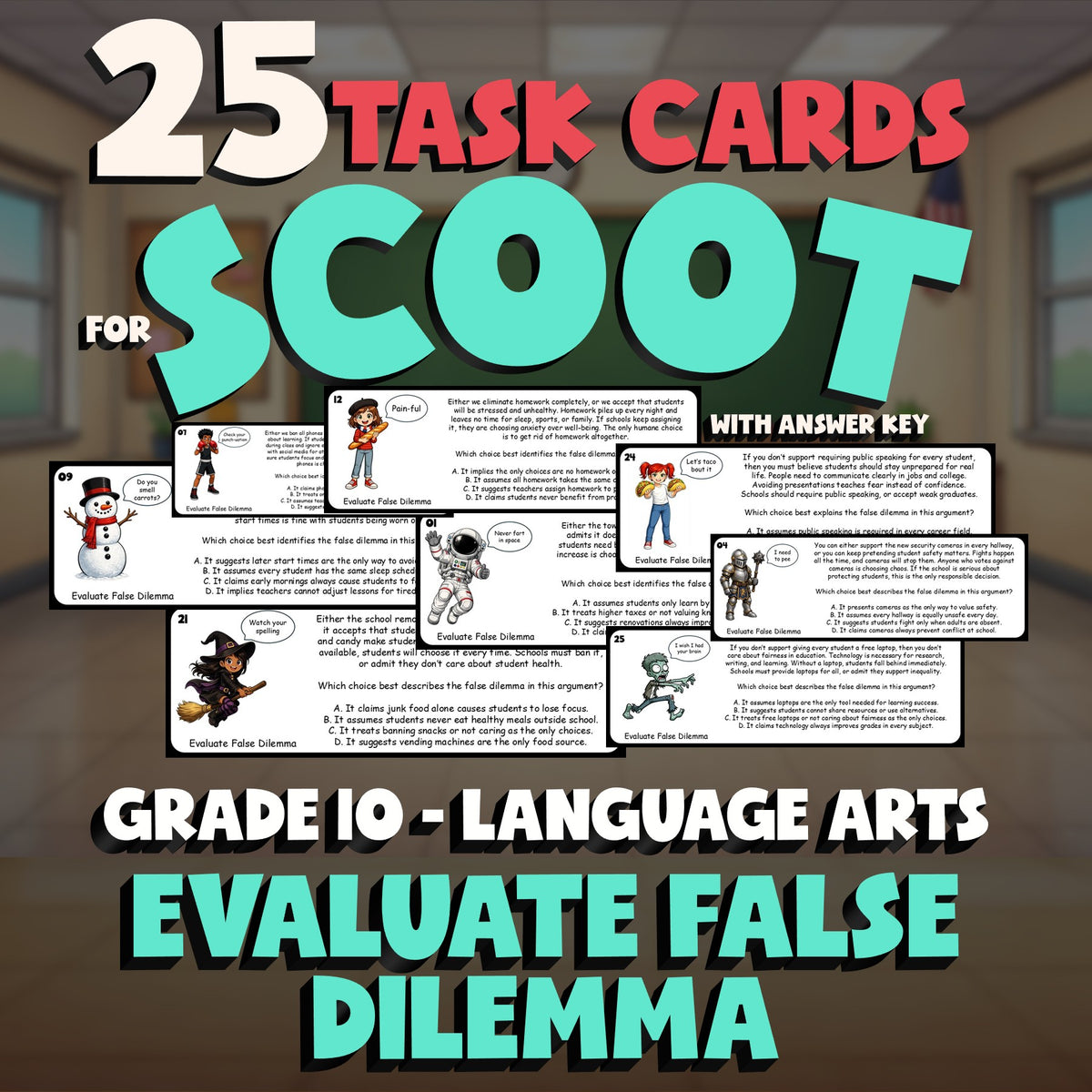 Evaluate False Dilemma SCOOT TASK CARDS ELA Game - No Prep Grade 10 Review