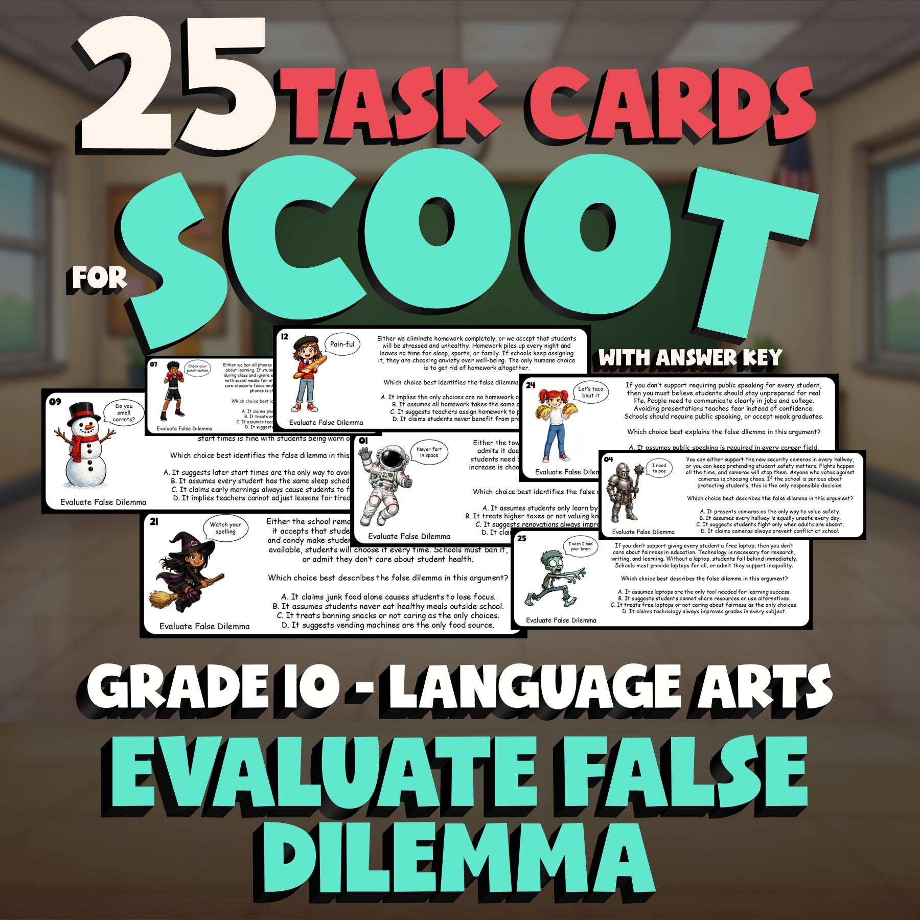 Evaluate False Dilemma SCOOT TASK CARDS ELA Game - No Prep Grade 10 Review