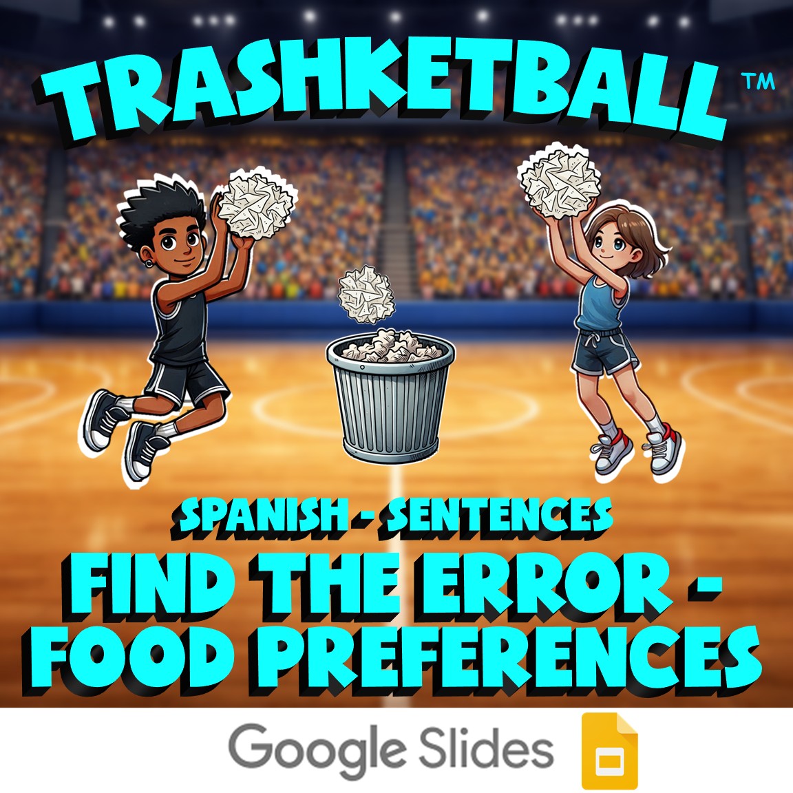Find the Error - Food Preferences TRASHKETBALL Spanish Game - No Prep Exercise