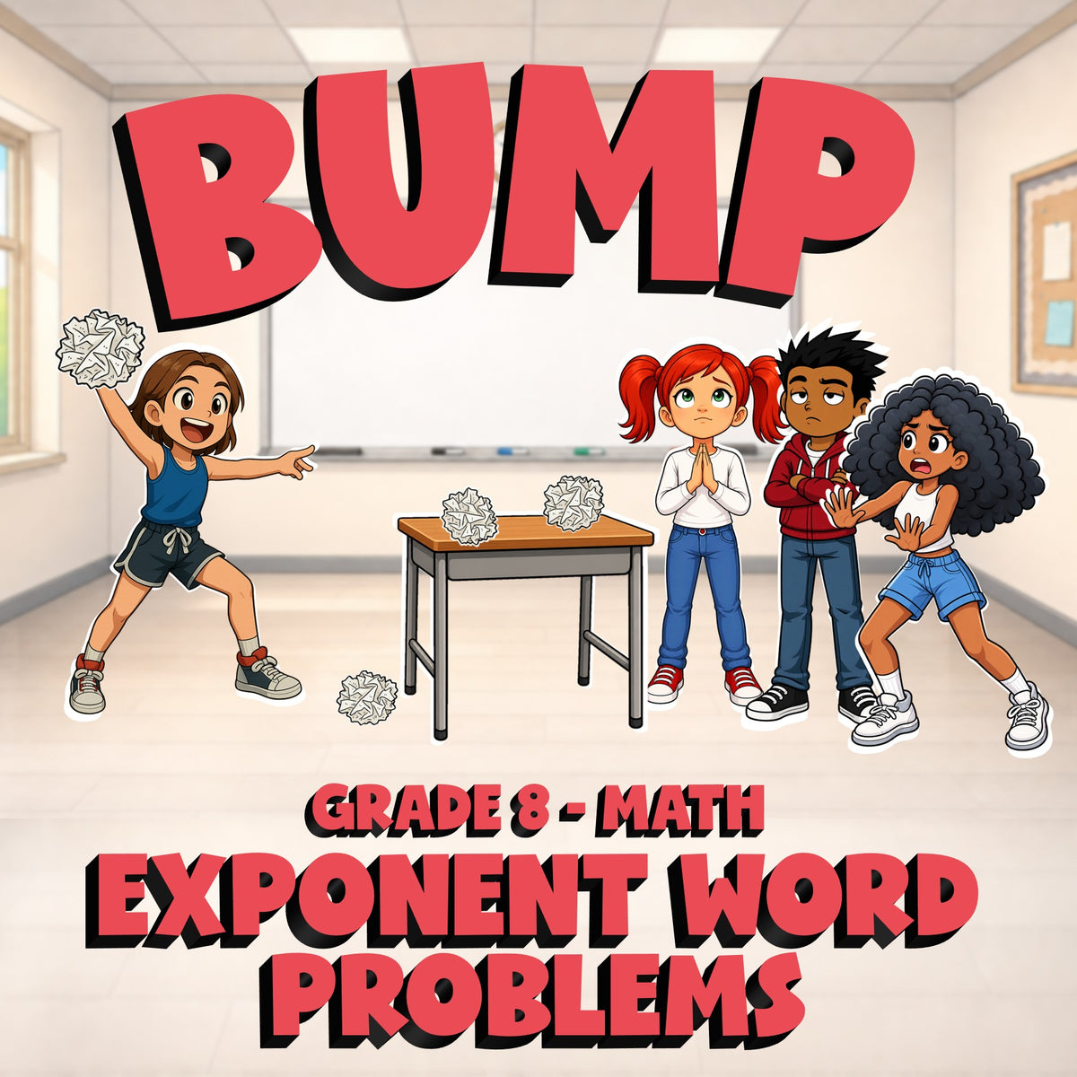 Exponent Word Problems BUMP Math Game - No Prep Grade 8 Review Activity
