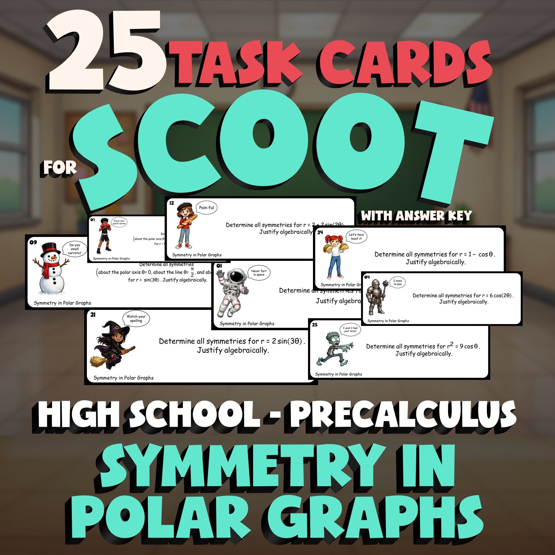 Symmetry in Polar Graphs SCOOT TASK CARDS Math Game - No Prep PreCalculus Review