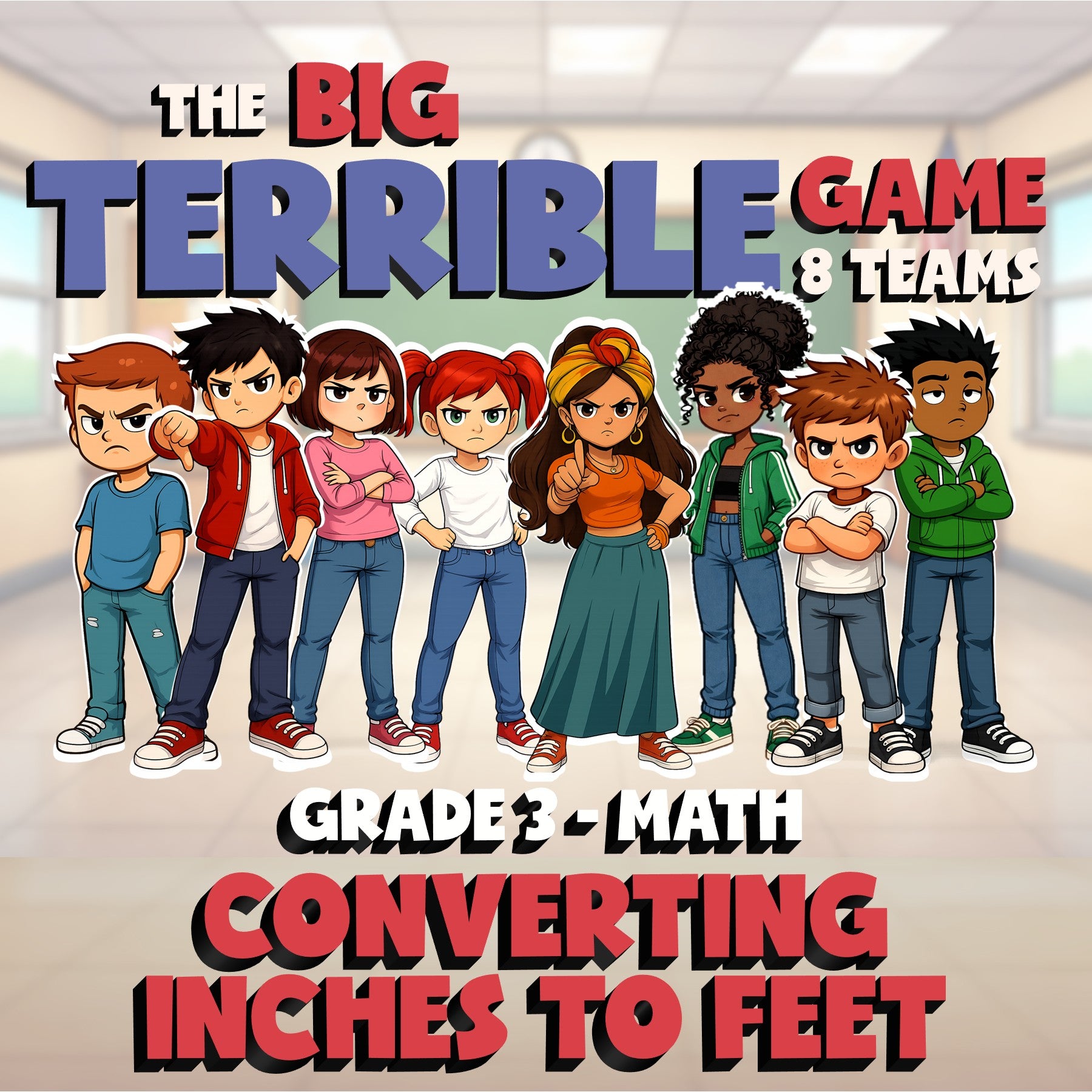 Converting Inches to Feet BIG TERRIBLE GAME - No Prep Grade 3 Math Review
