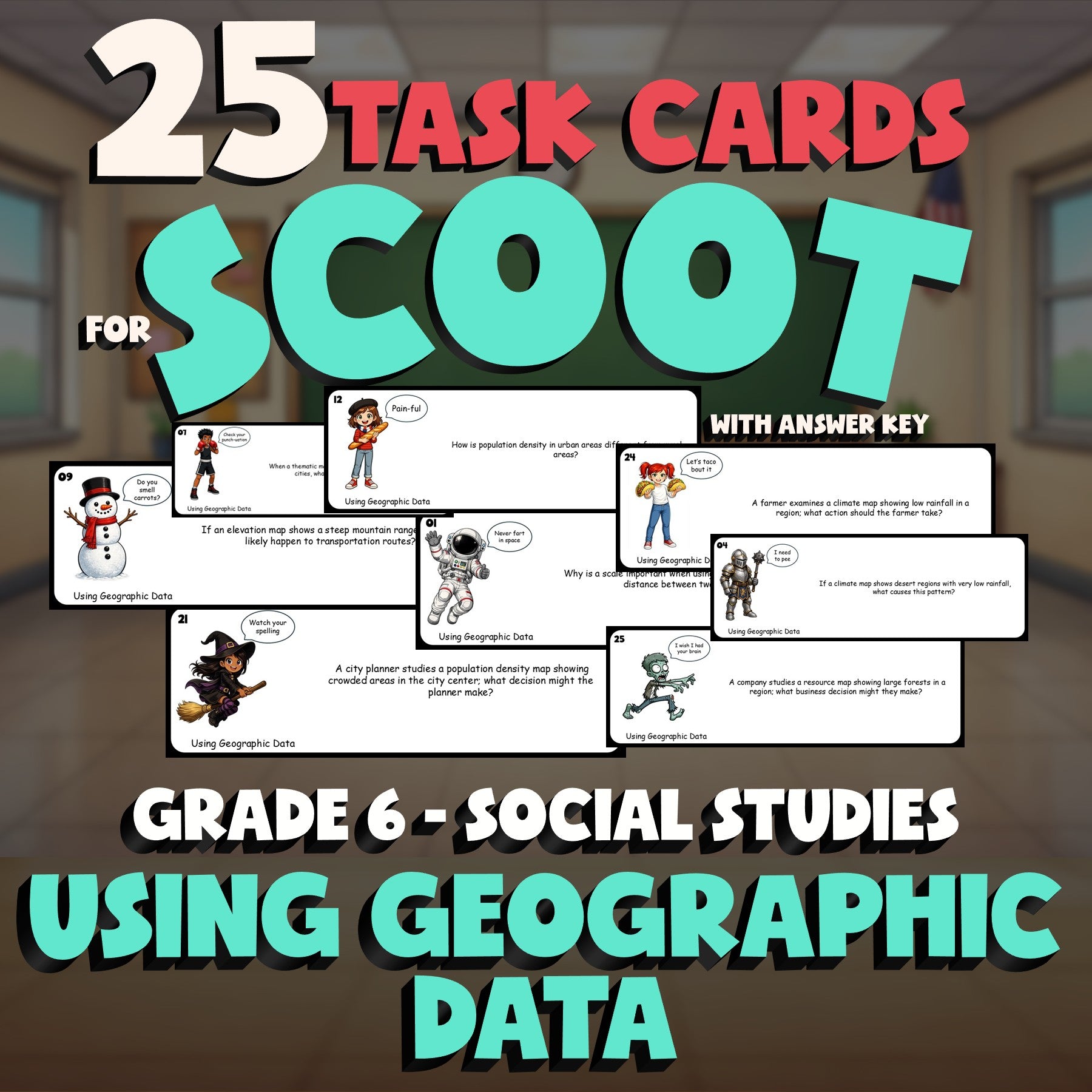 Using Geographic Data SCOOT TASK CARDS Socials Game - No Prep Grade 6 Review