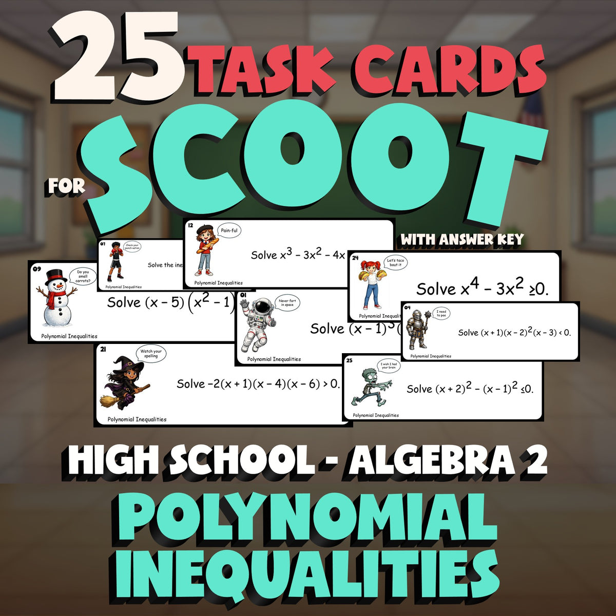 Polynomial Inequalities SCOOT TASK CARDS Math Game - No Prep Algebra 2 Review