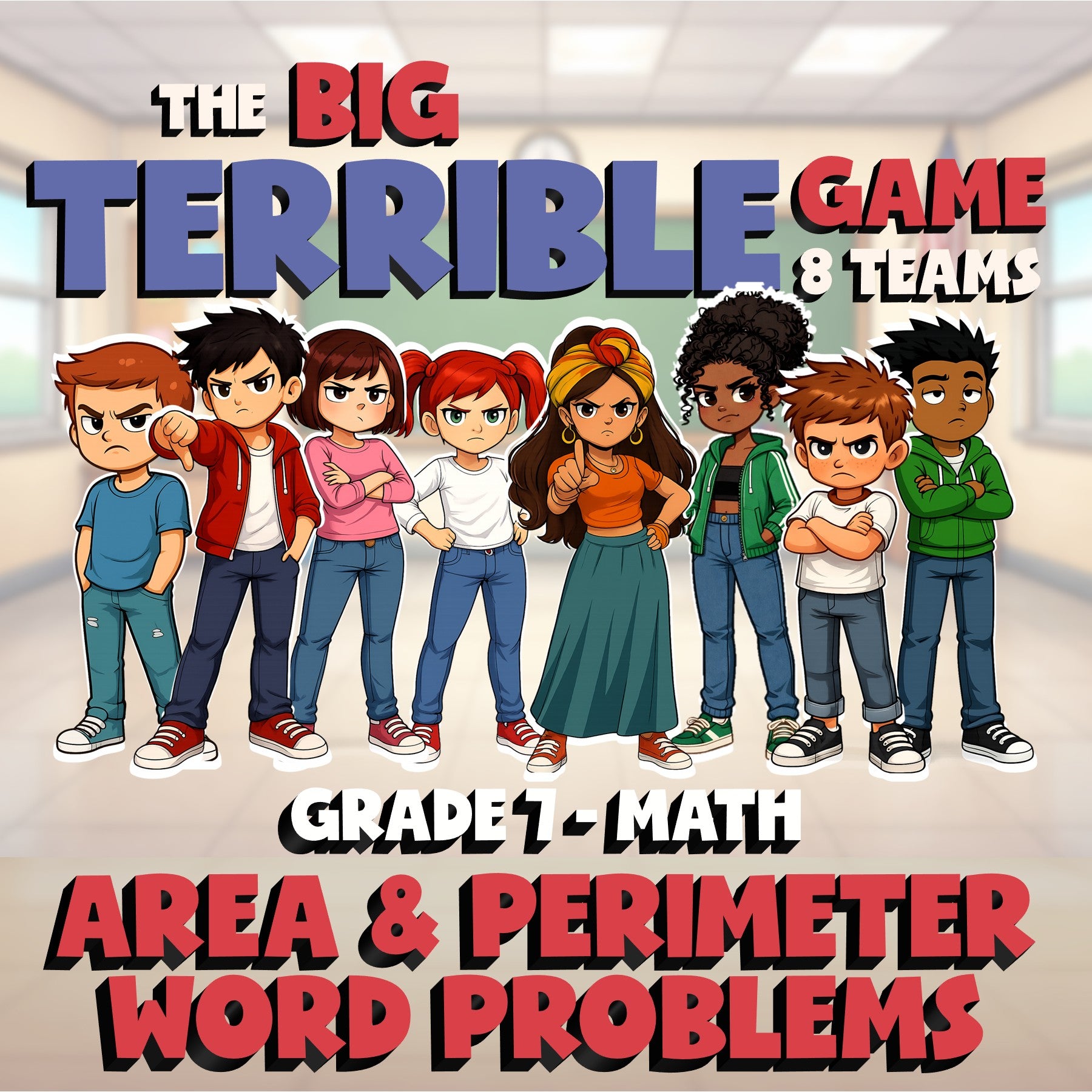 Area & Perimeter Word Problems BIG TERRIBLE GAME - No Prep Grade 7 Math Review