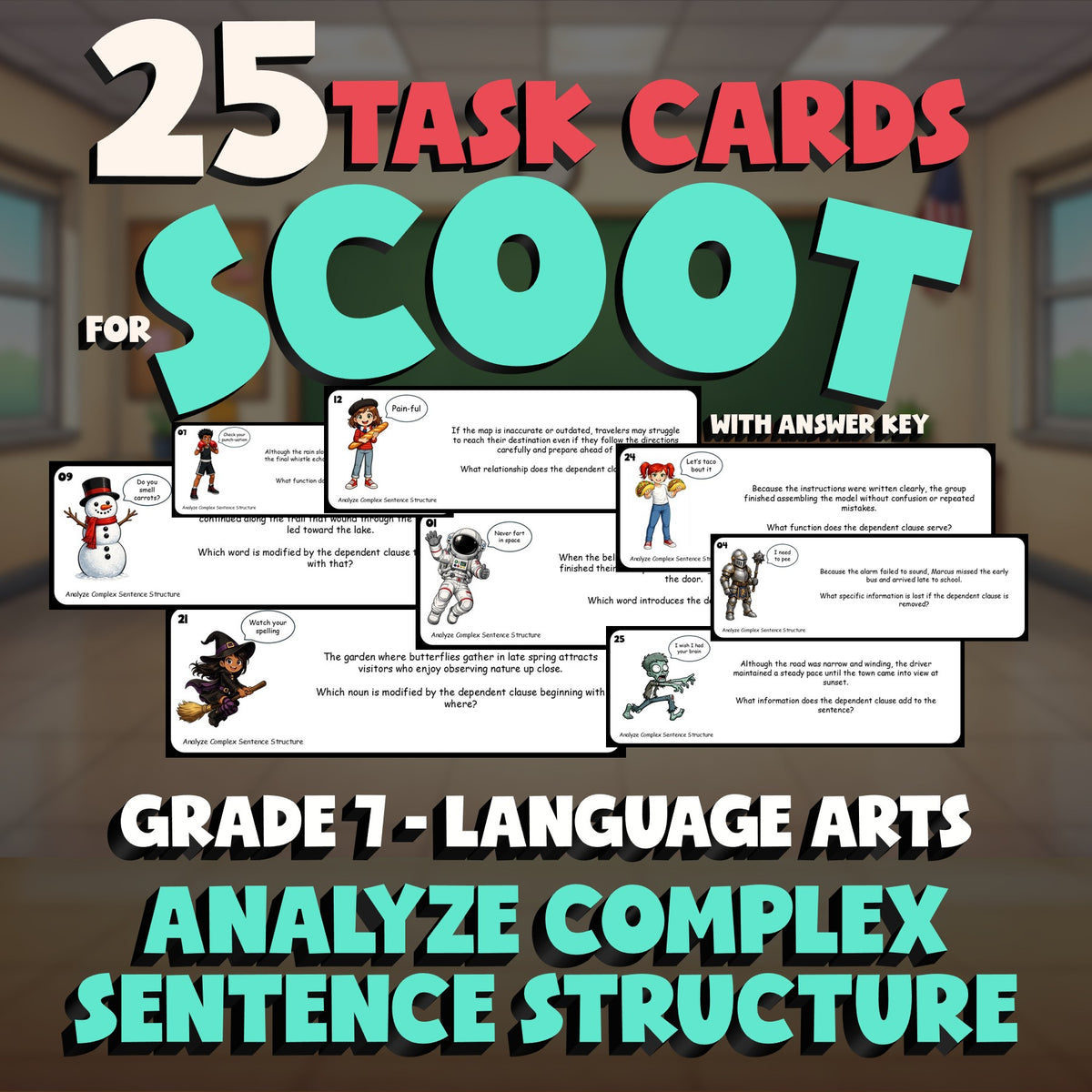 Analyze Complex Sentence Structure SCOOT TASK CARDS ELA Game - No Prep Grade 7