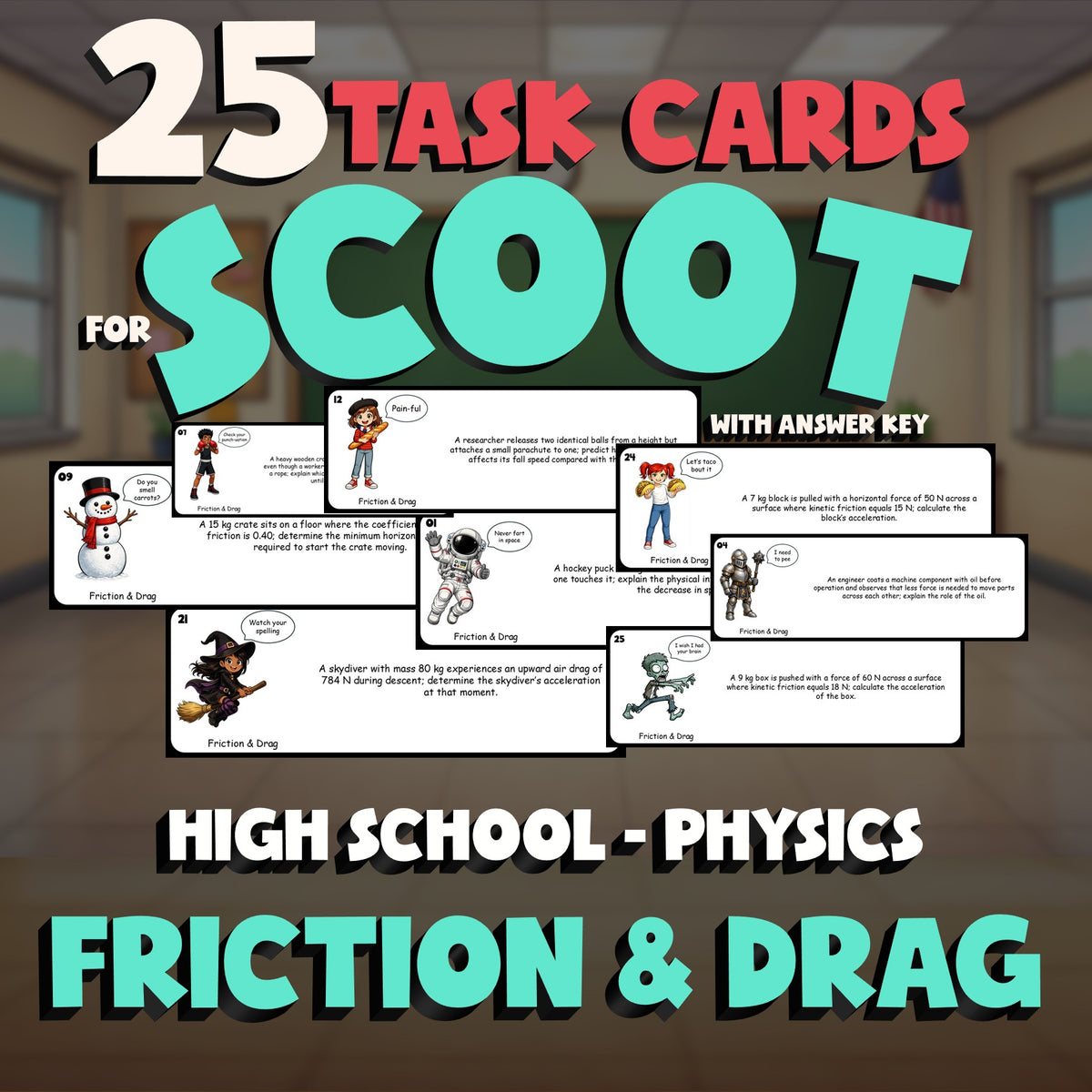 Friction & Drag SCOOT TASK CARDS Science Game - No Prep Physics Review Activity