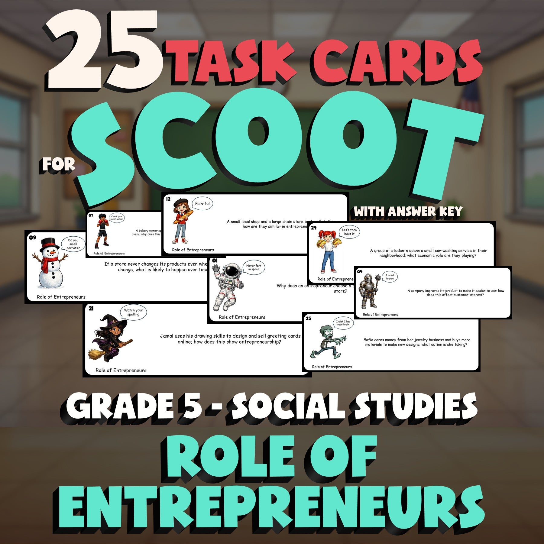 Role of Entrepreneurs SCOOT TASK CARDS Socials Game - No Prep Grade 5 Review