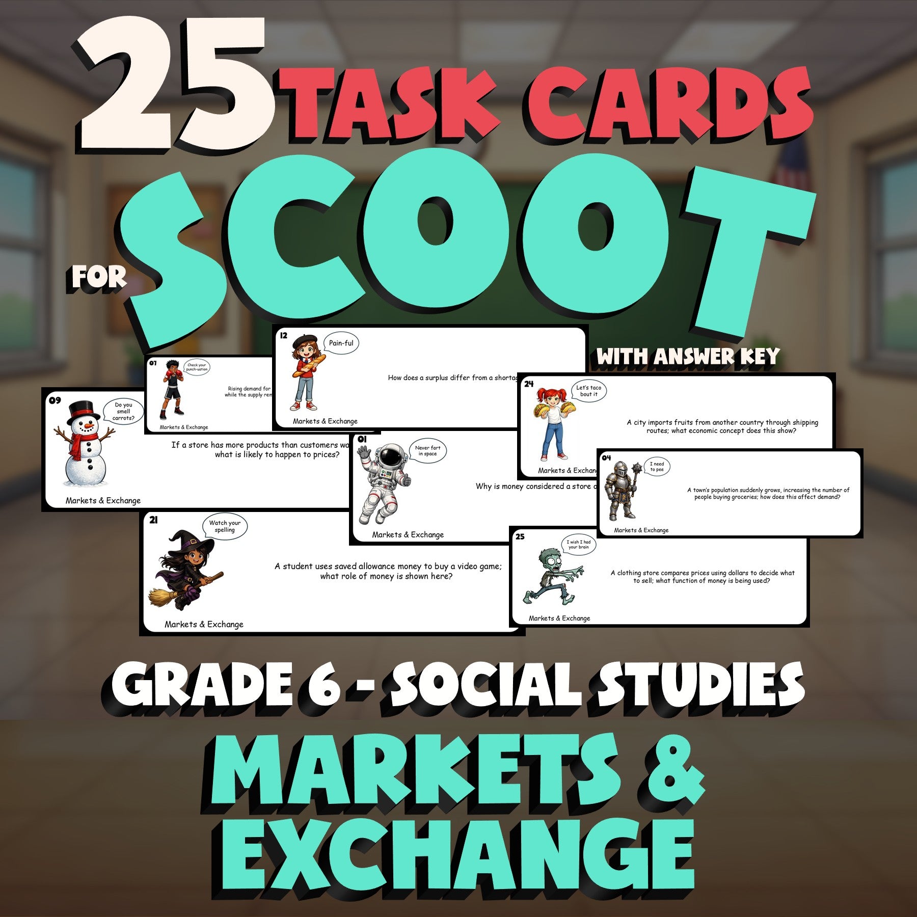 Markets & Exchange SCOOT TASK CARDS Socials Game - No Prep Grade 6 Review