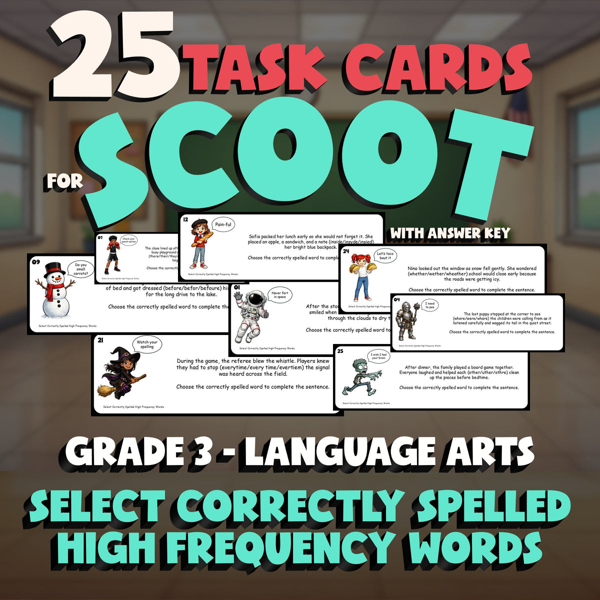 Select Correctly Spelled High Frequency Words SCOOT TASK CARDS ELA Game Grade 3